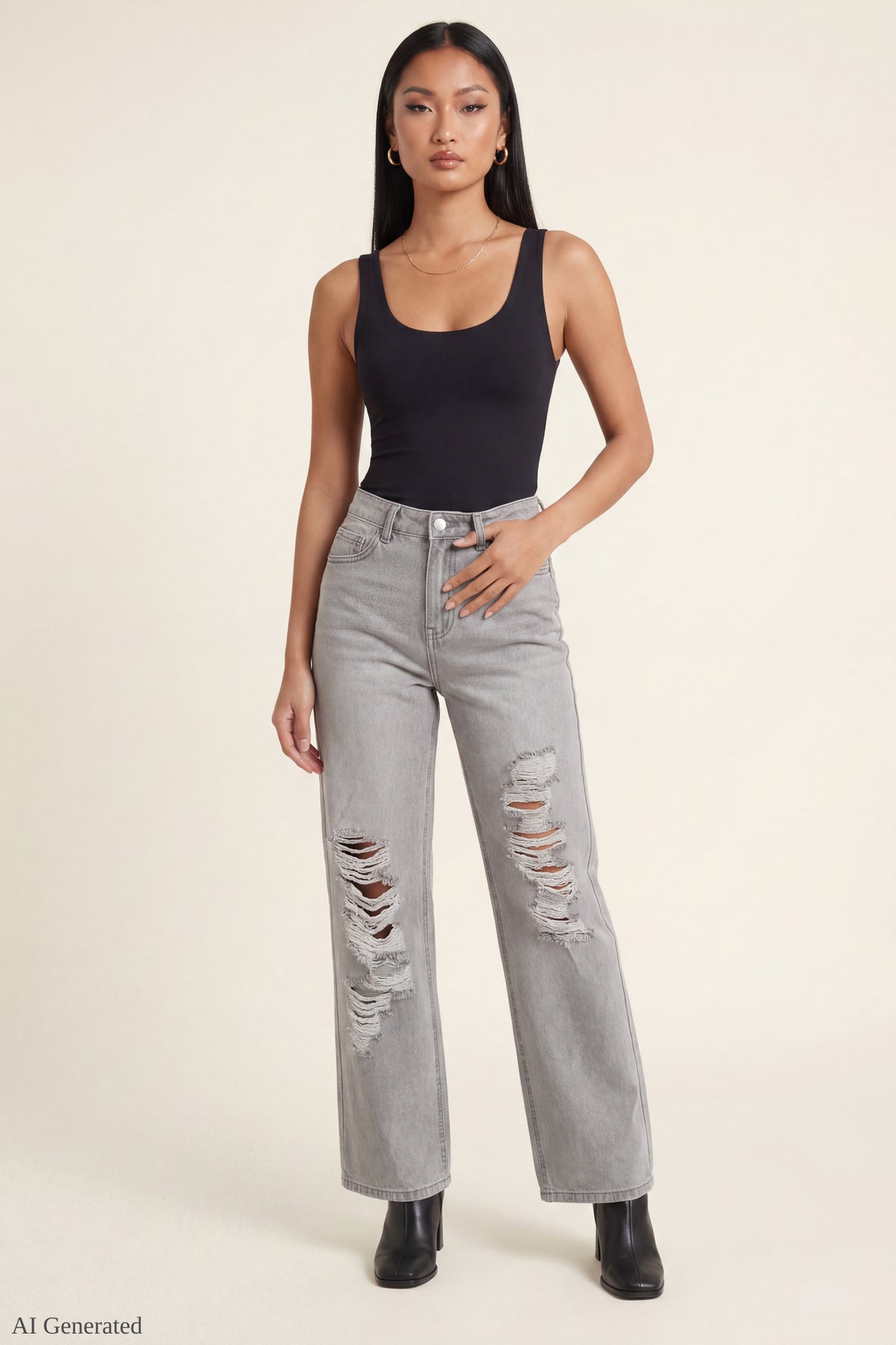 Brooklyn Ripped Low Rise Baggy Grey Jean - Charcoal