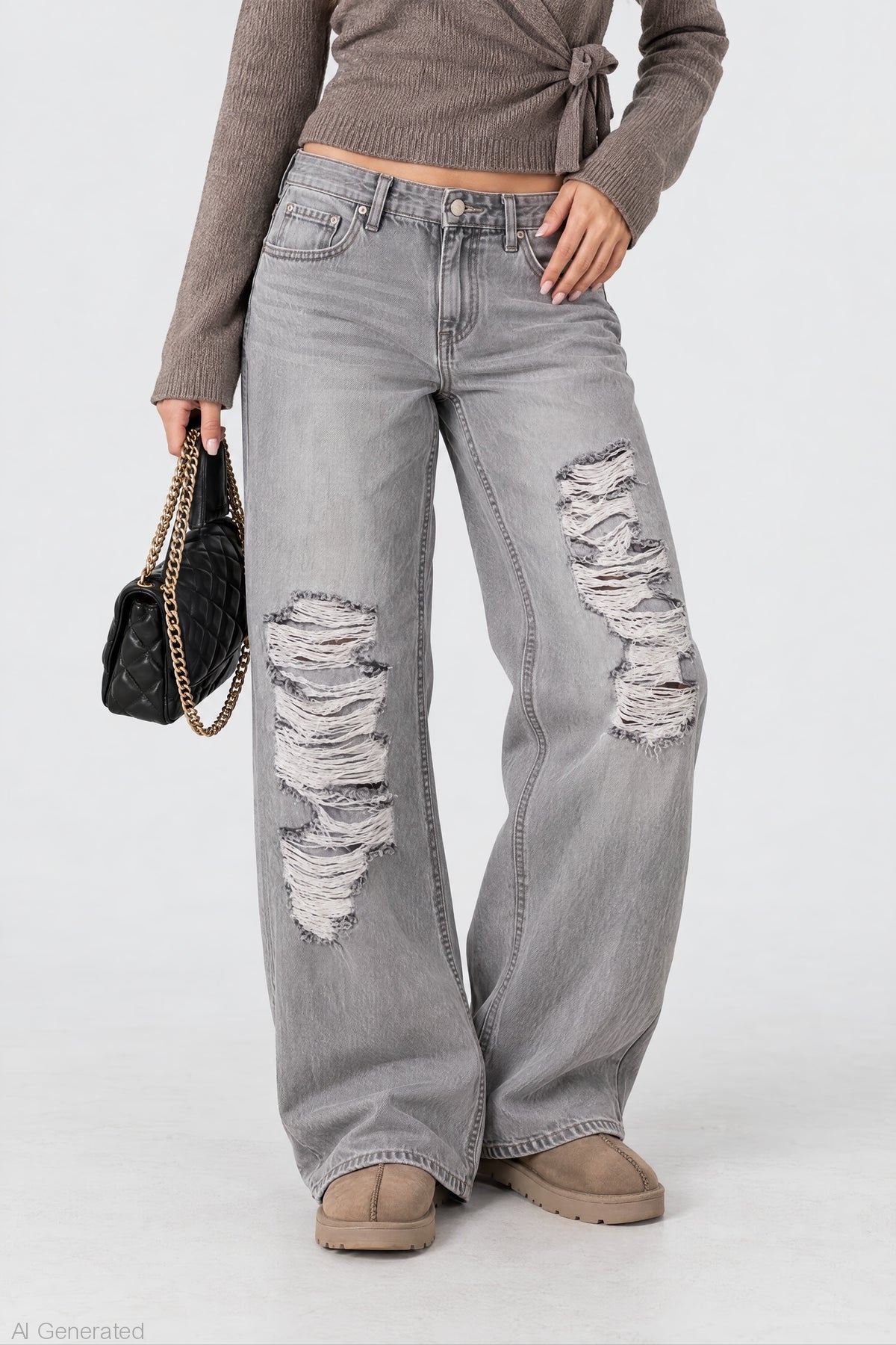 Alt View 3. Brooklyn Ripped Low Rise Baggy Grey Jean - Charcoal
