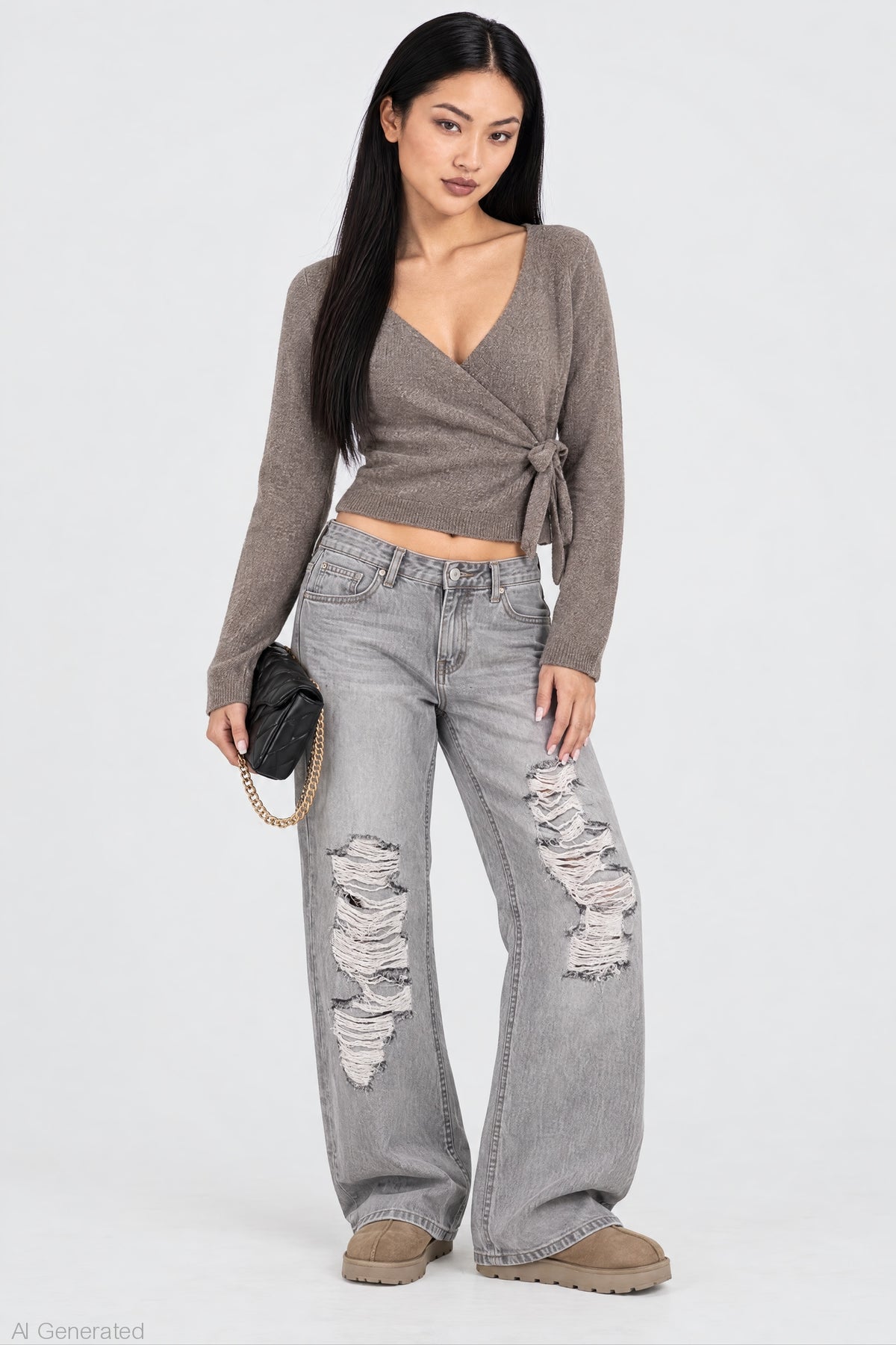 Brooklyn Ripped Low Rise Baggy Grey Jean - Charcoal