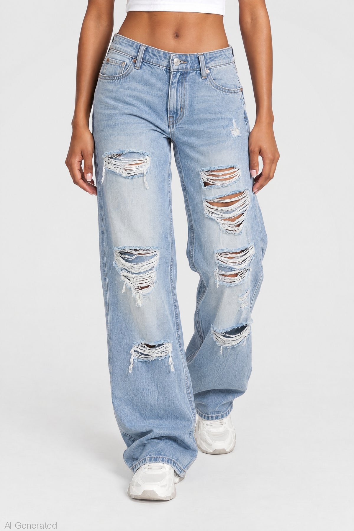 Alt View 3. Brooklyn Ripped Low Rise Baggy Jean - Light Denim Blue