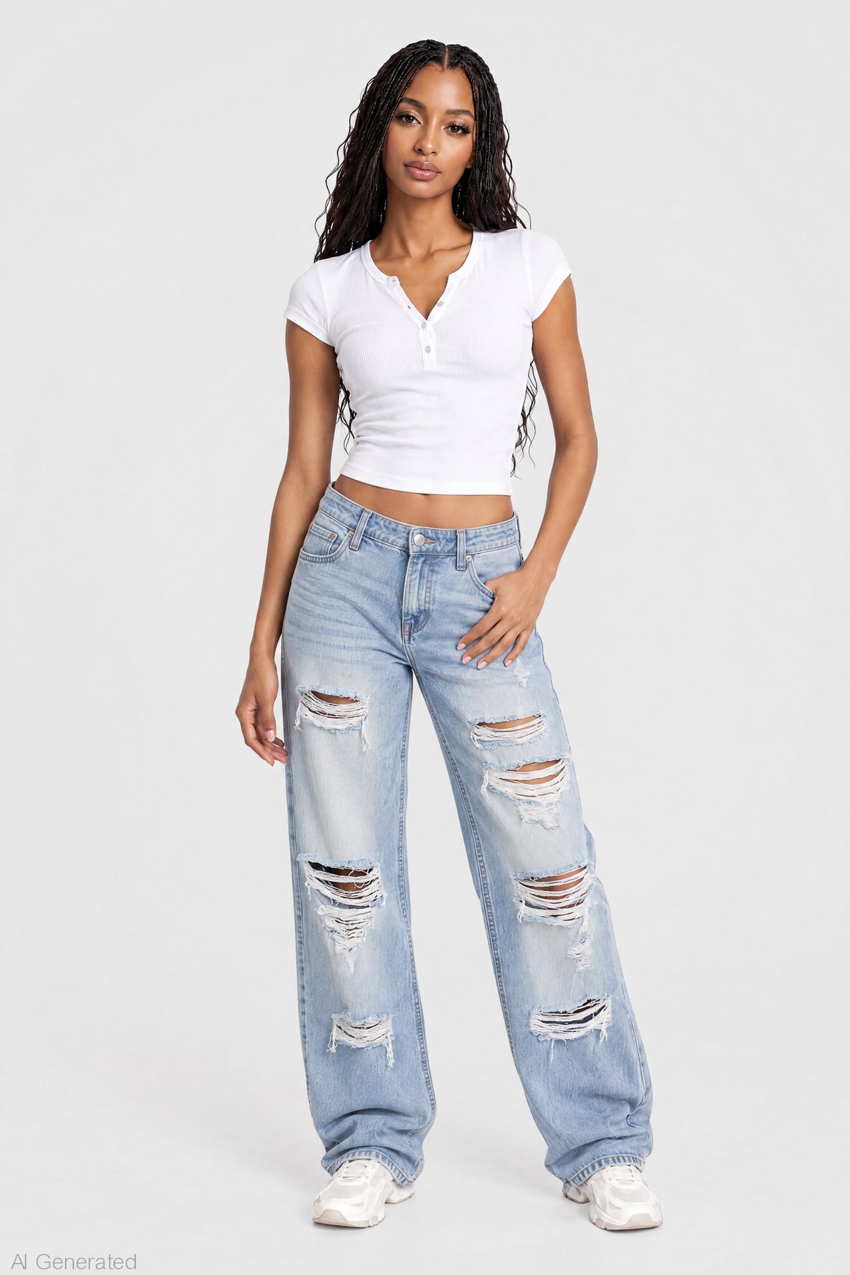 Brooklyn Ripped Low Rise Baggy Jean - Light Denim Blue