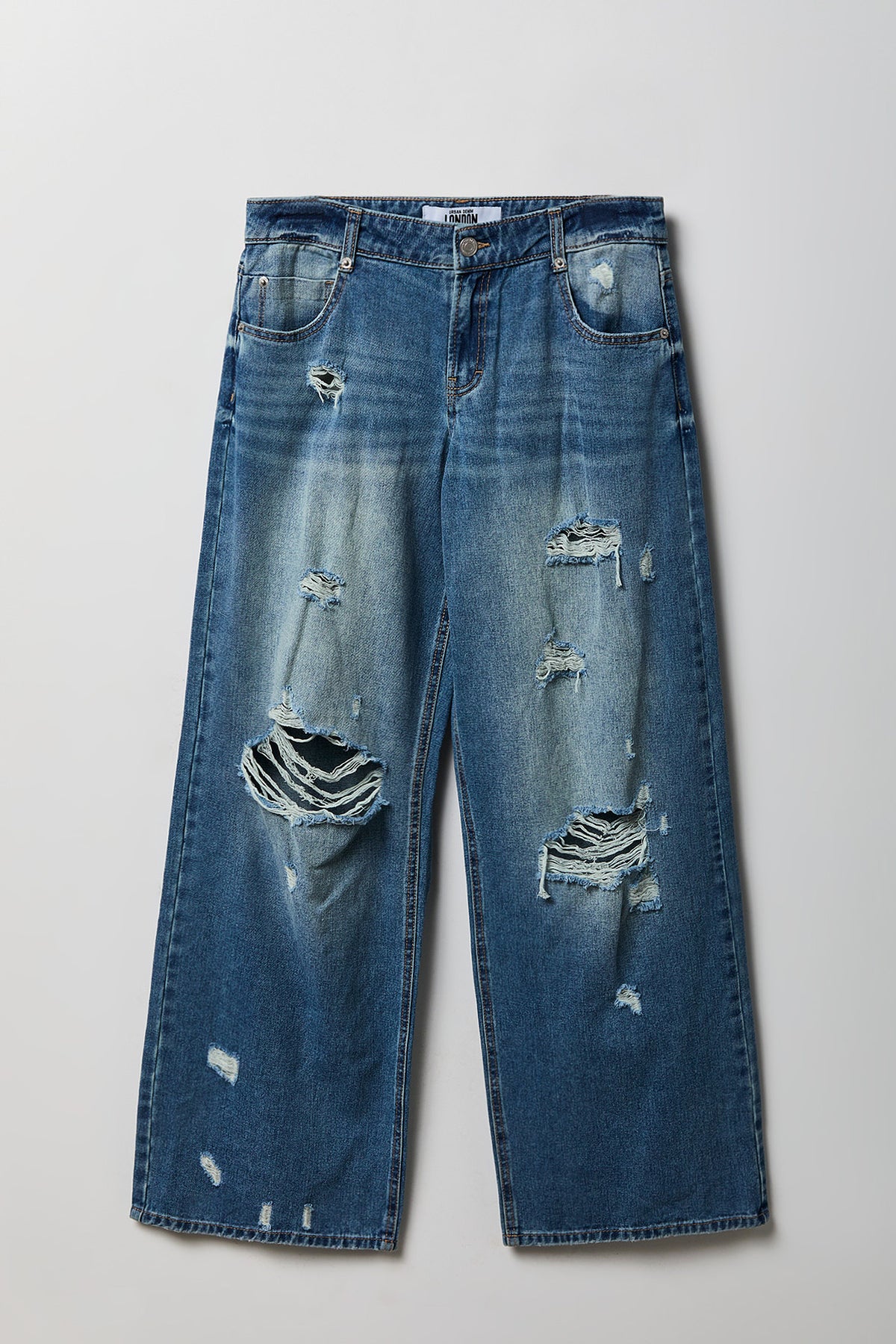 London Ripped Low Rise Super Baggy Medium Jean - Medium Blue