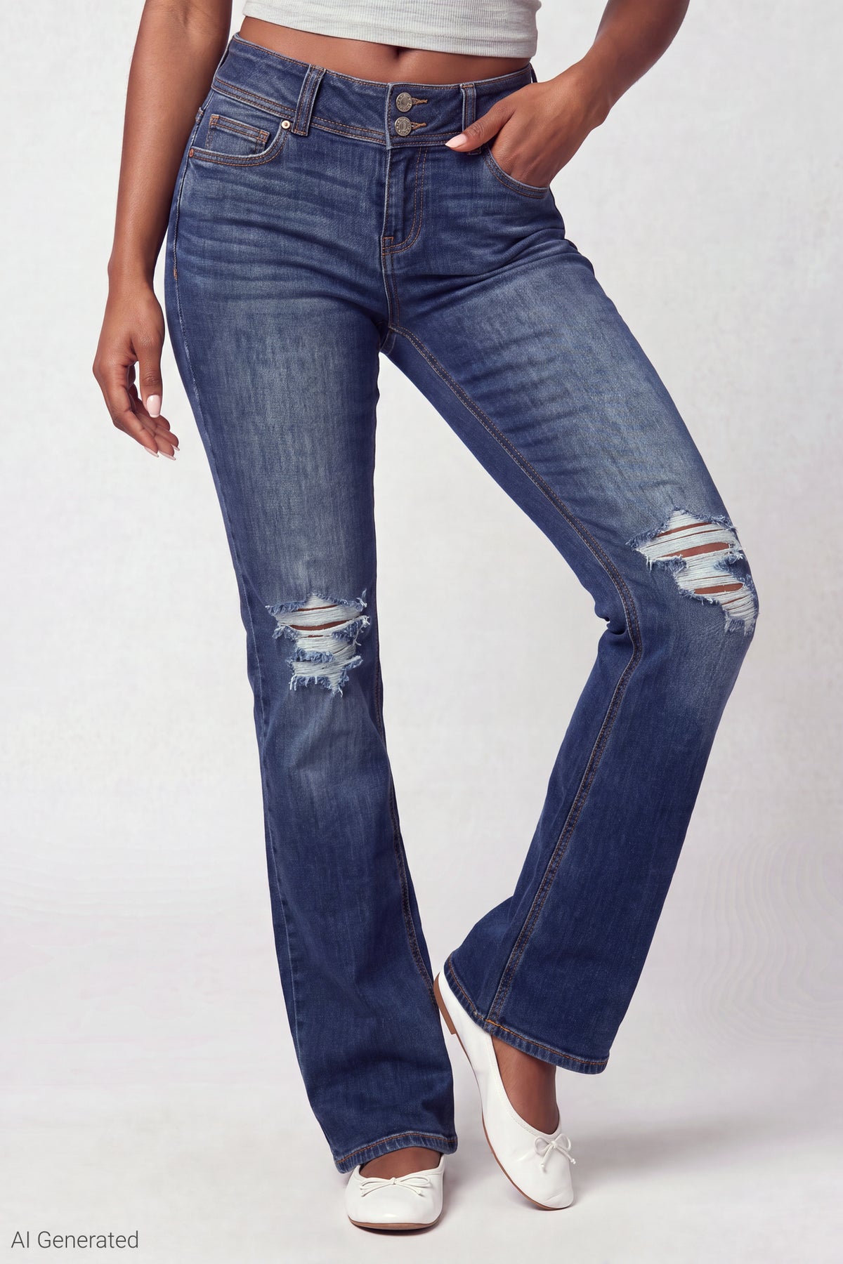 Alt View 3. Stretch Ripped Low Rise Bootcut Jean - Denim Blue