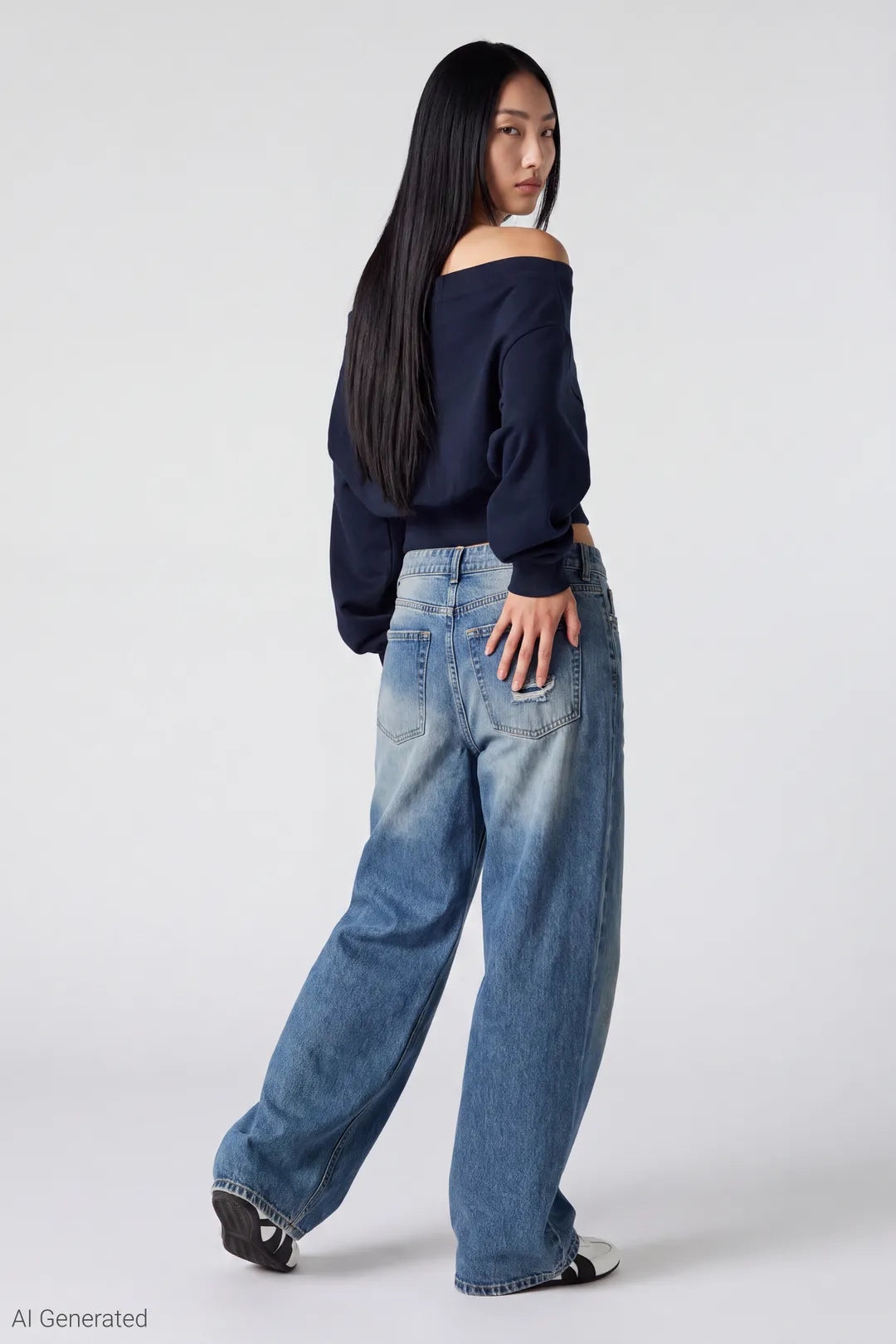 Alt View 2. London Ripped Low Rise Super Baggy Medium Jean - Medium Blue