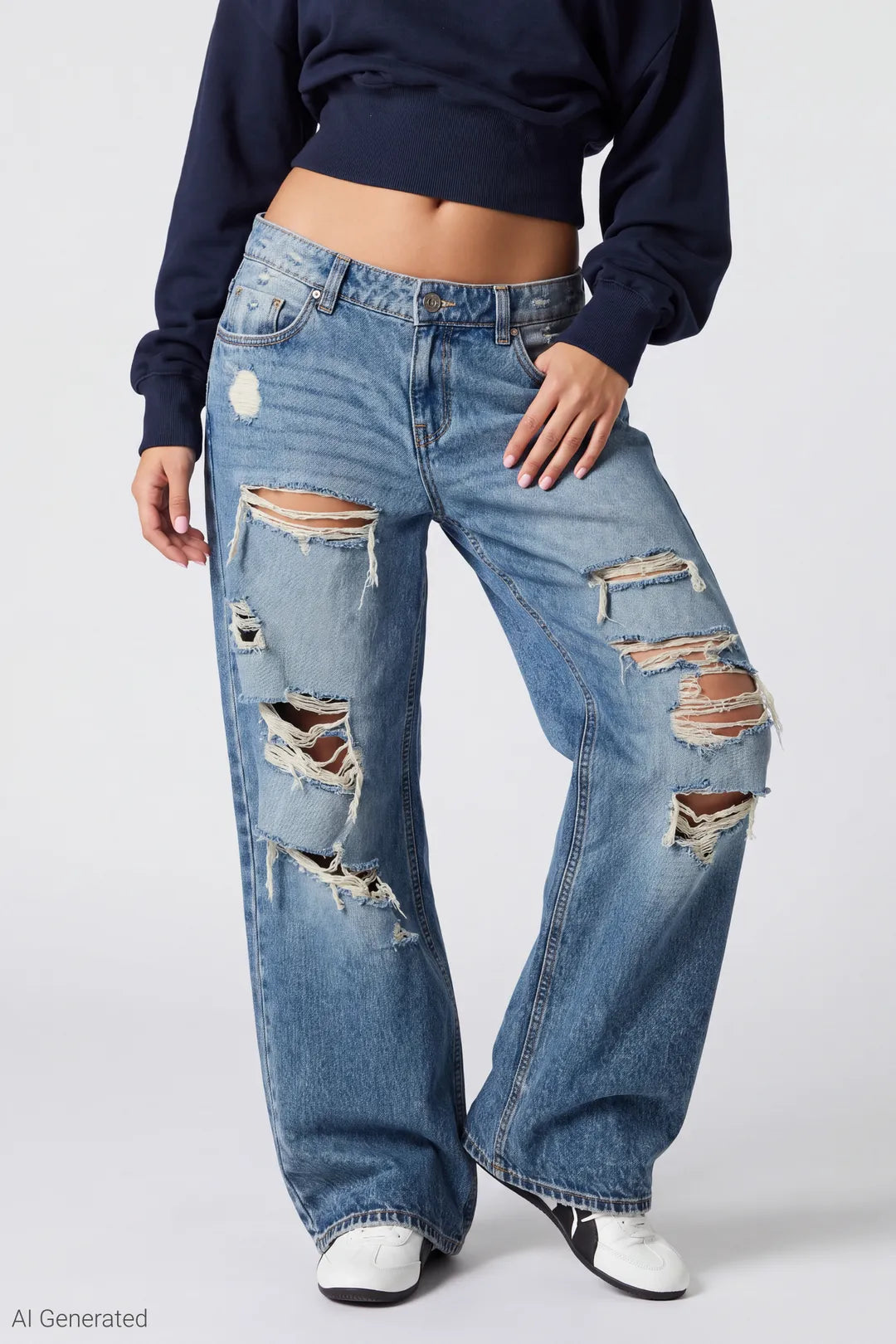 Alt View 3. London Ripped Low Rise Super Baggy Medium Jean - Medium Blue