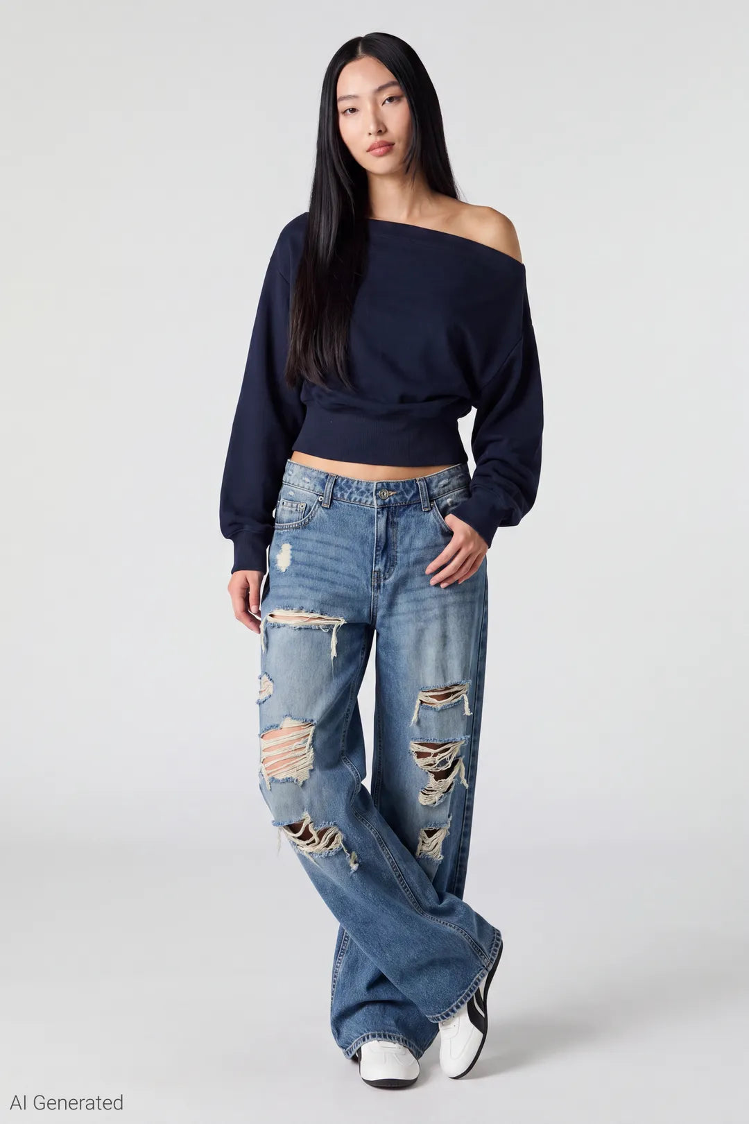 London Ripped Low Rise Super Baggy Medium Jean - Medium Blue