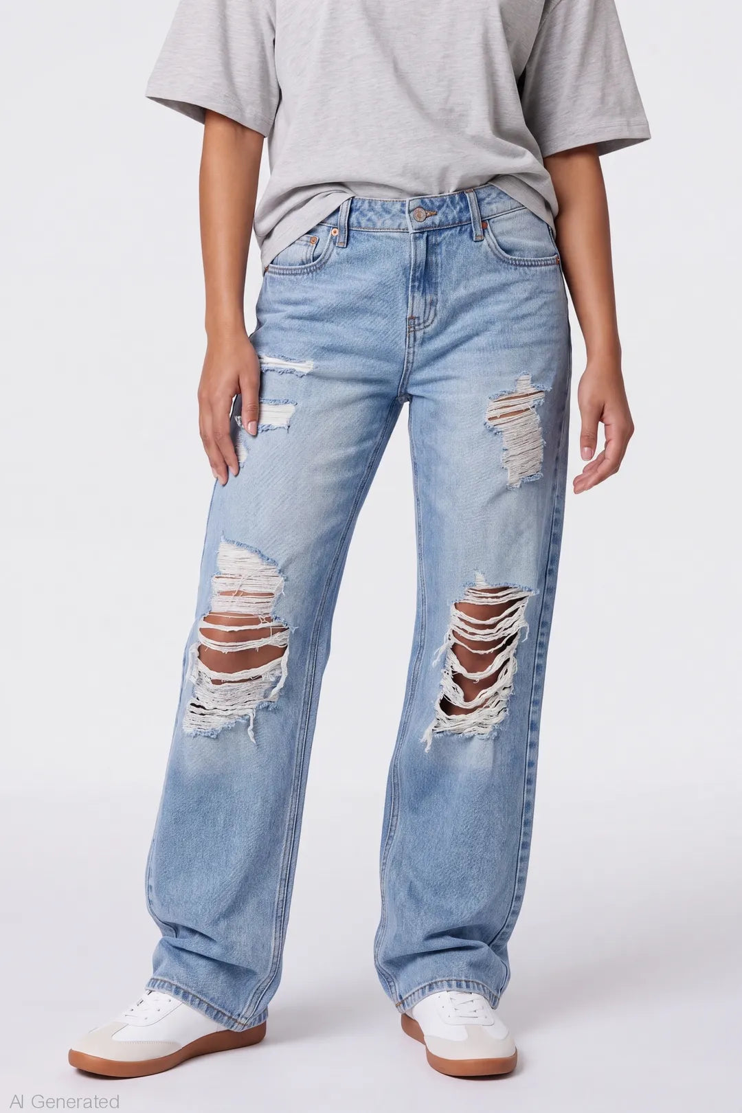 Alt View 3. Brooklyn Ripped Low Rise Baggy Jean - Light Denim Blue