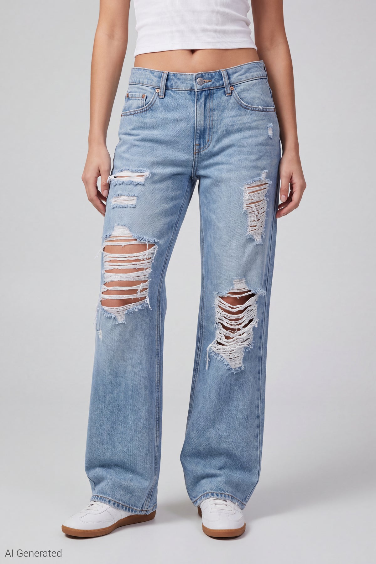 Alt View 3. Brooklyn Ripped Low Rise Baggy Jean - Light Denim Blue