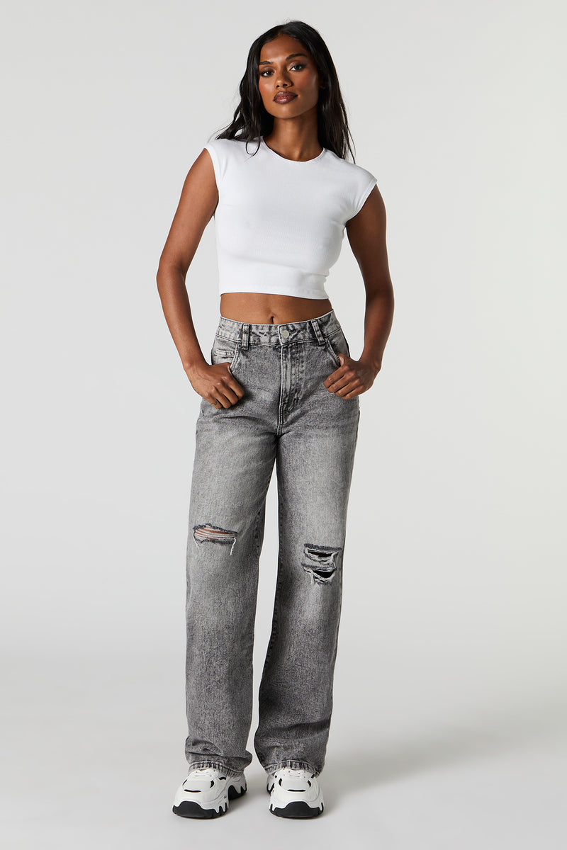 90's Washed High Rise Wide Leg Distressed Jean