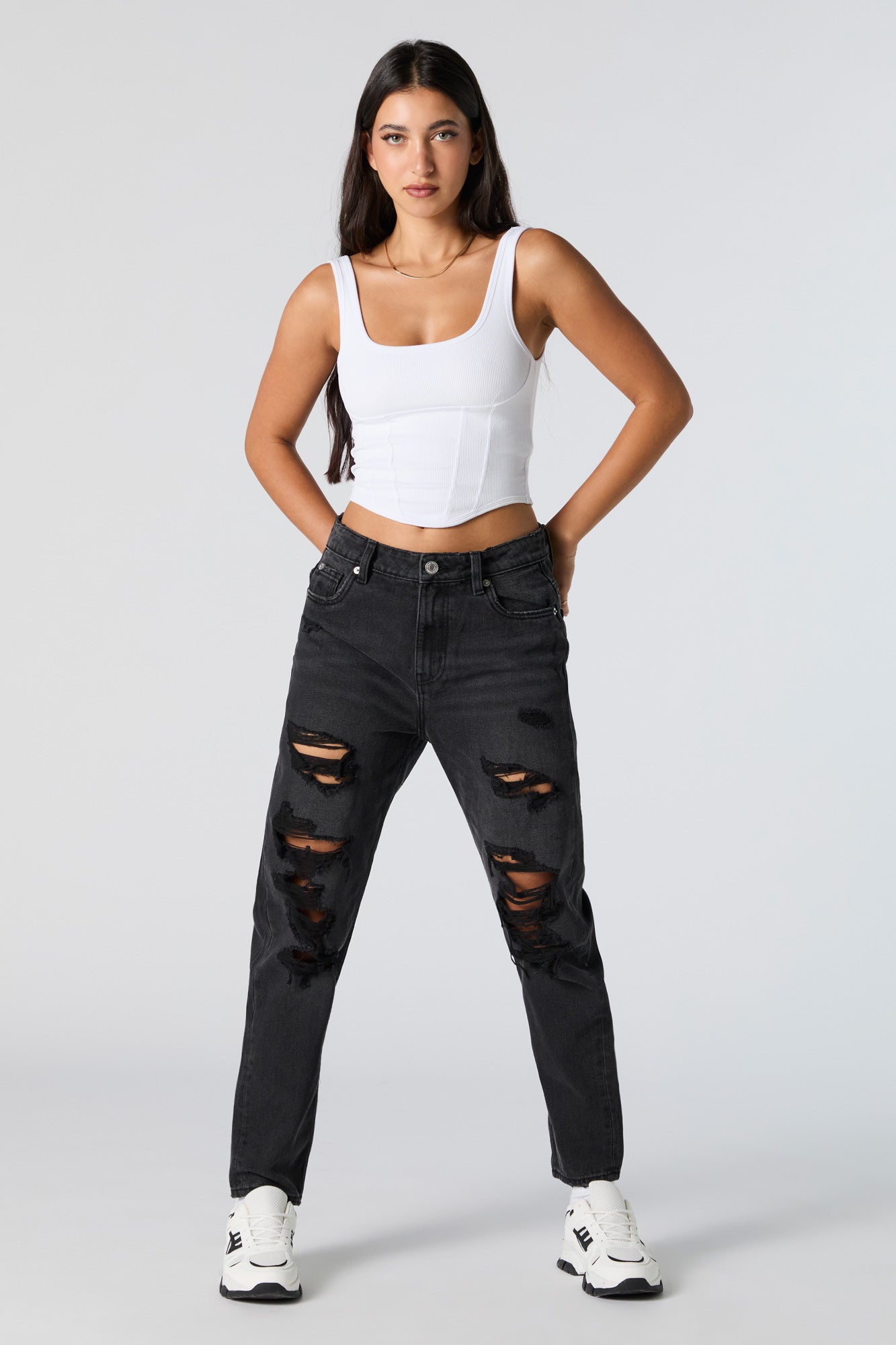 Distressed High Rise Black Wash Mom Jean