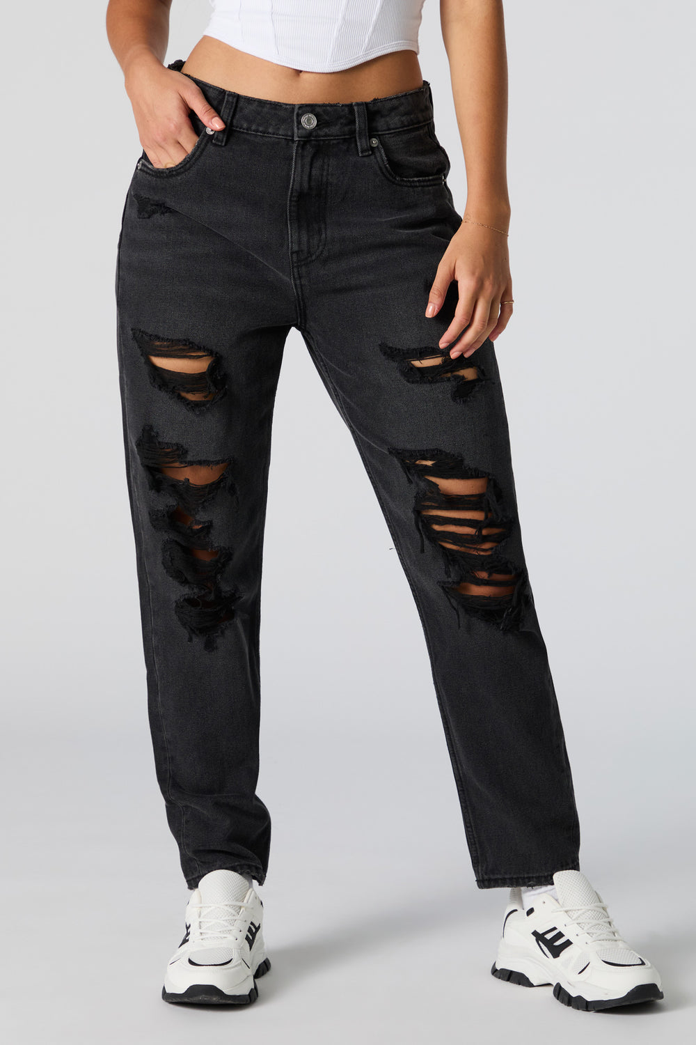 Distressed High Rise Black Wash Mom Jean Distressed High Rise Black Wash Mom Jean 2