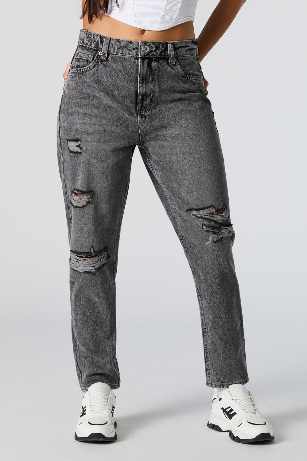 Distressed High Rise Grey Wash Mom Jean Distressed High Rise Grey Wash Mom Jean 2