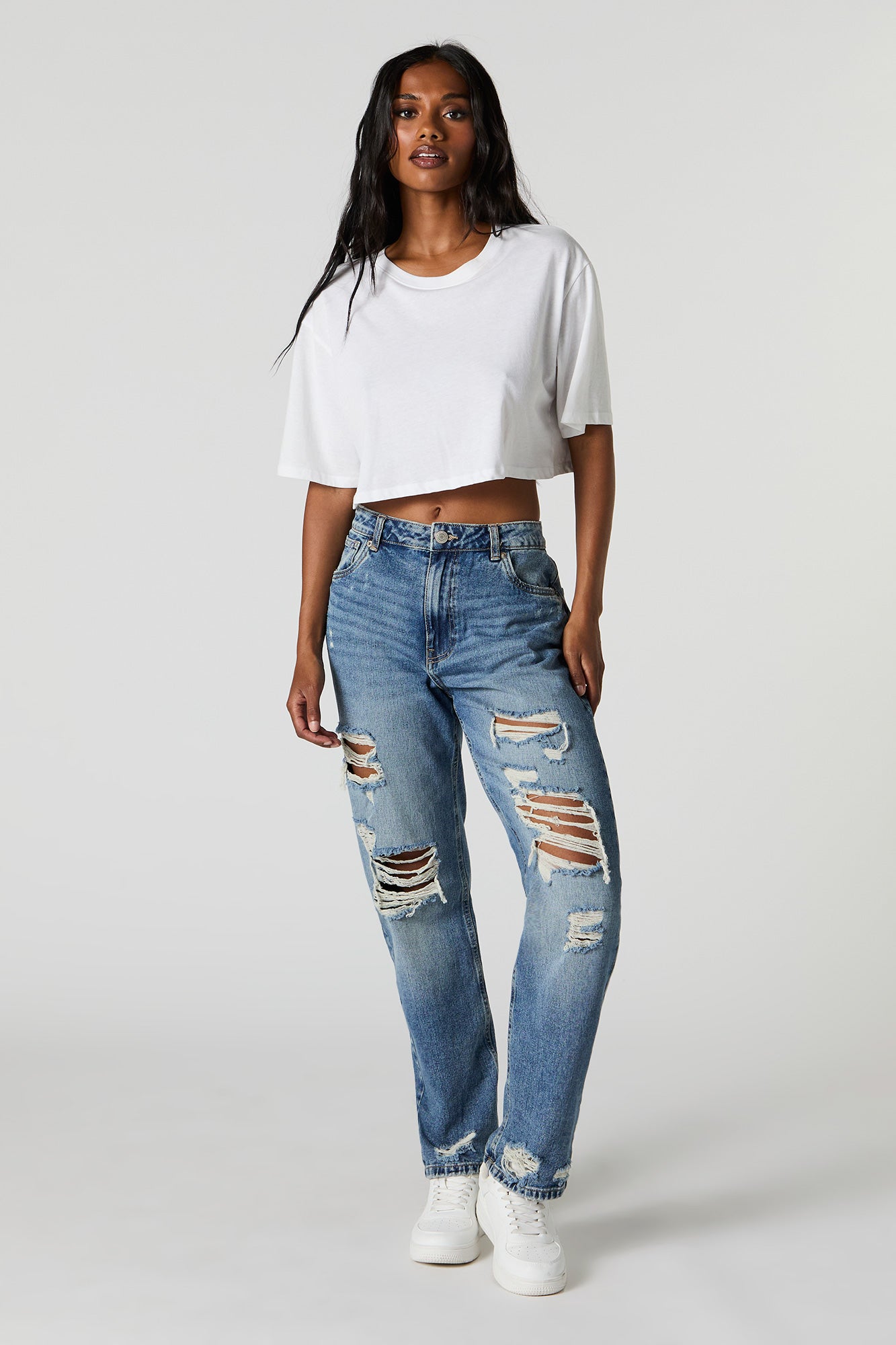 High Rise Straight Leg Distressed Jean