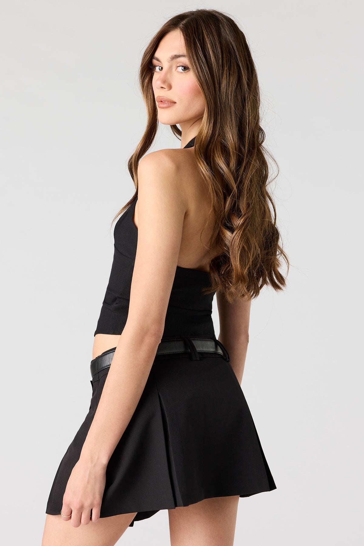 Alt View 2. Belted Pleated Mini Skort - Black