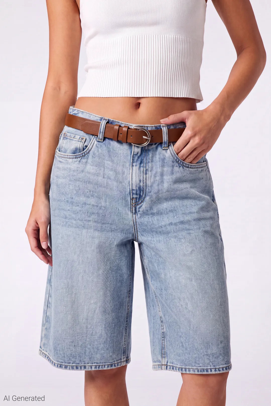 Alt View 3. Baggy Belted Jort - Light Denim Hero 1333x2000 - Light Denim Blue
