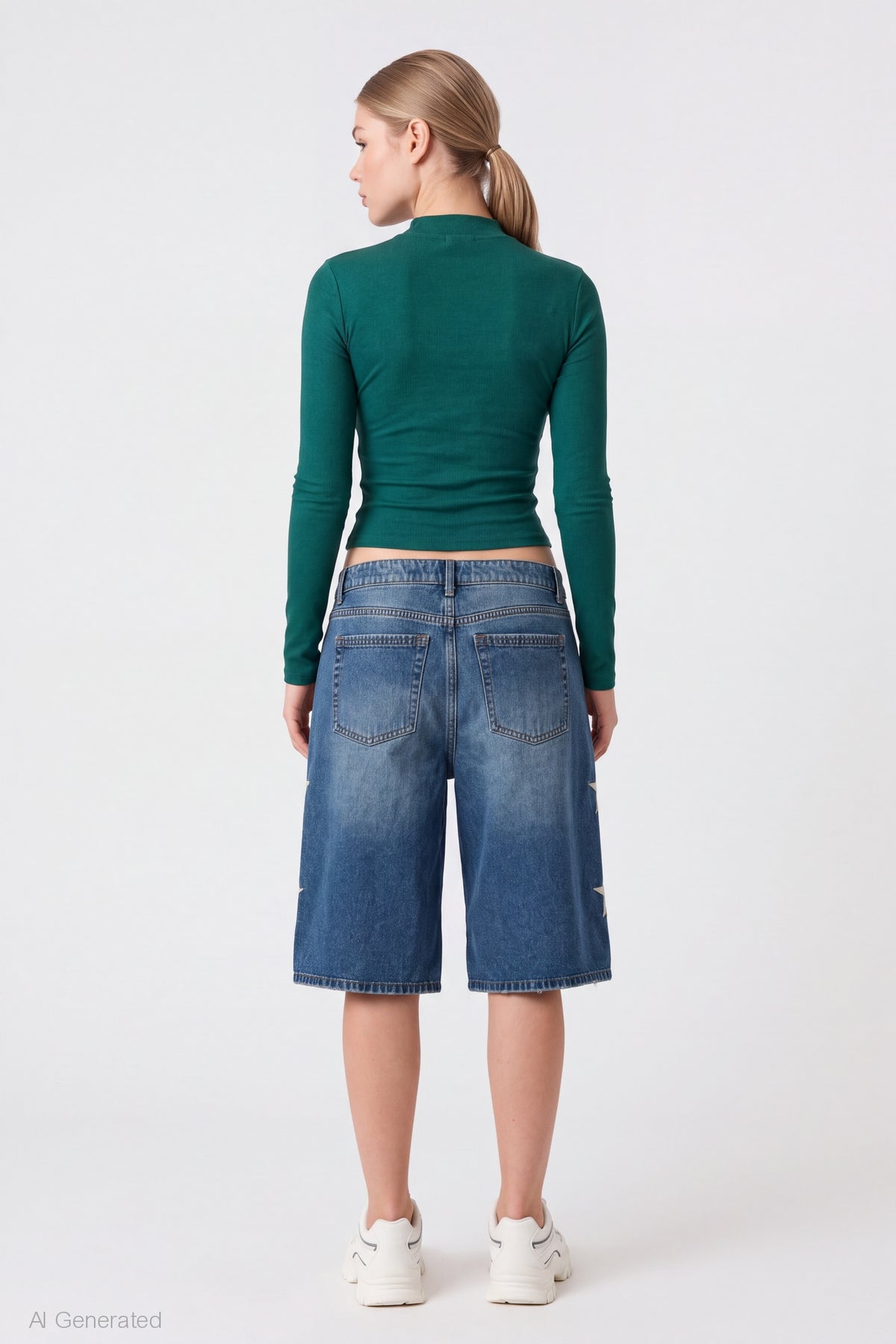Alt View 2. London Star Embroidered Low Rise Baggy Jort - Medium Blue