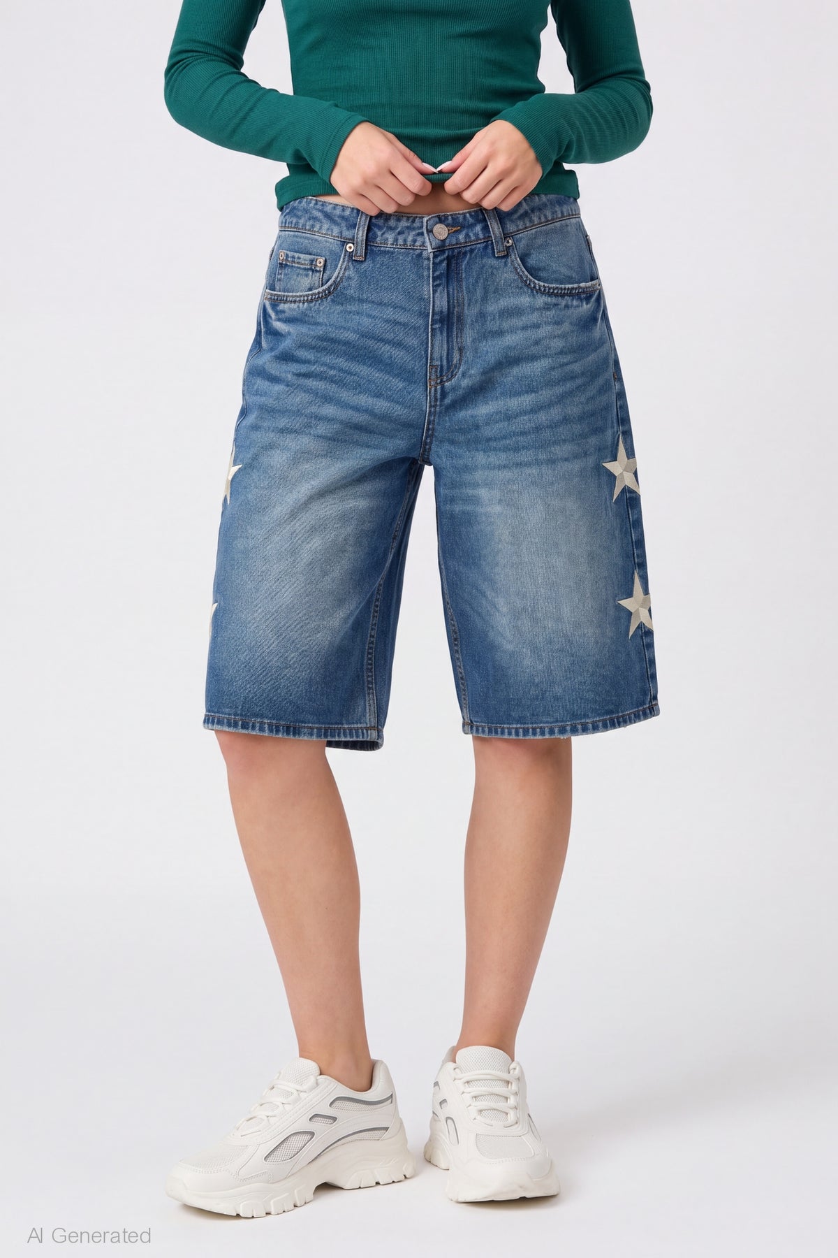 Alt View 3. London Star Embroidered Low Rise Baggy Jort - Medium Blue