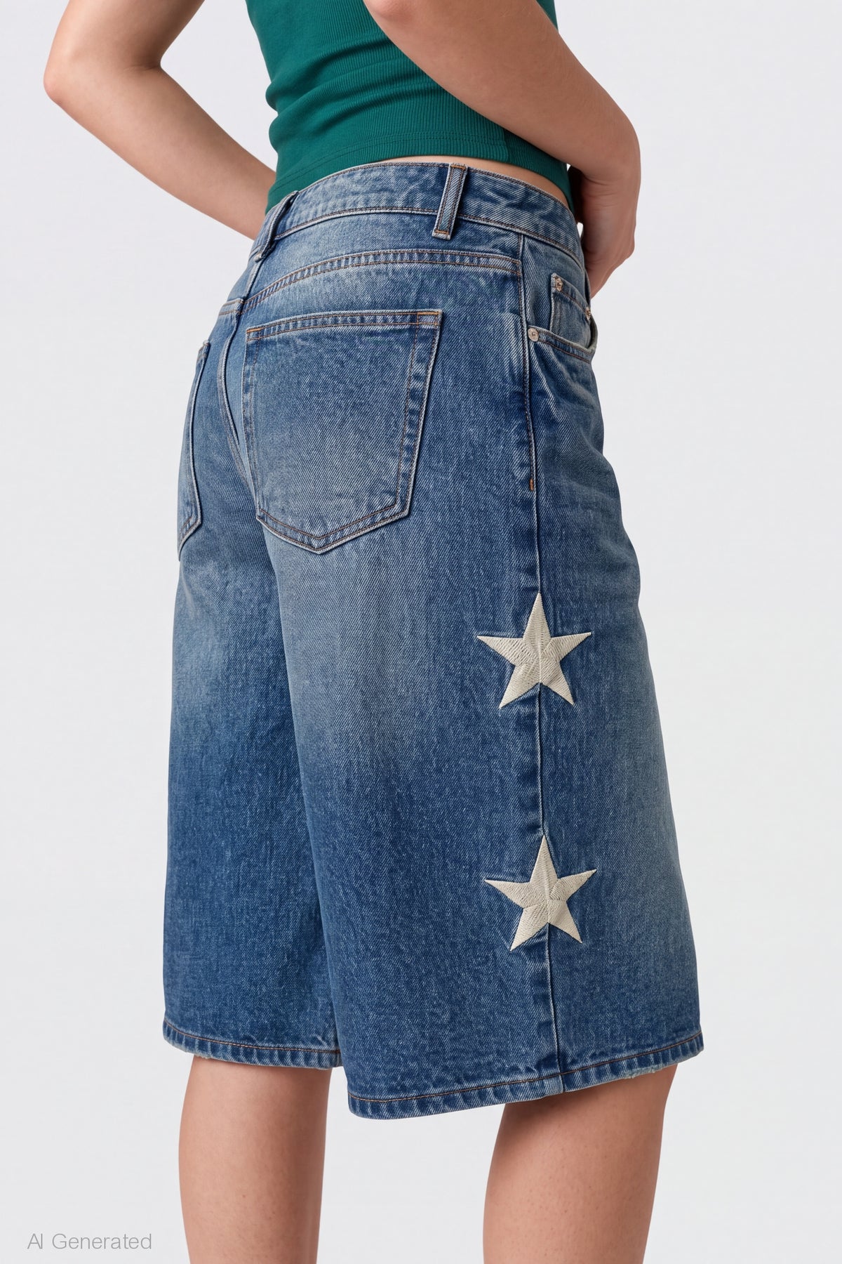 Alt View 4. London Star Embroidered Low Rise Baggy Jort - Medium Blue