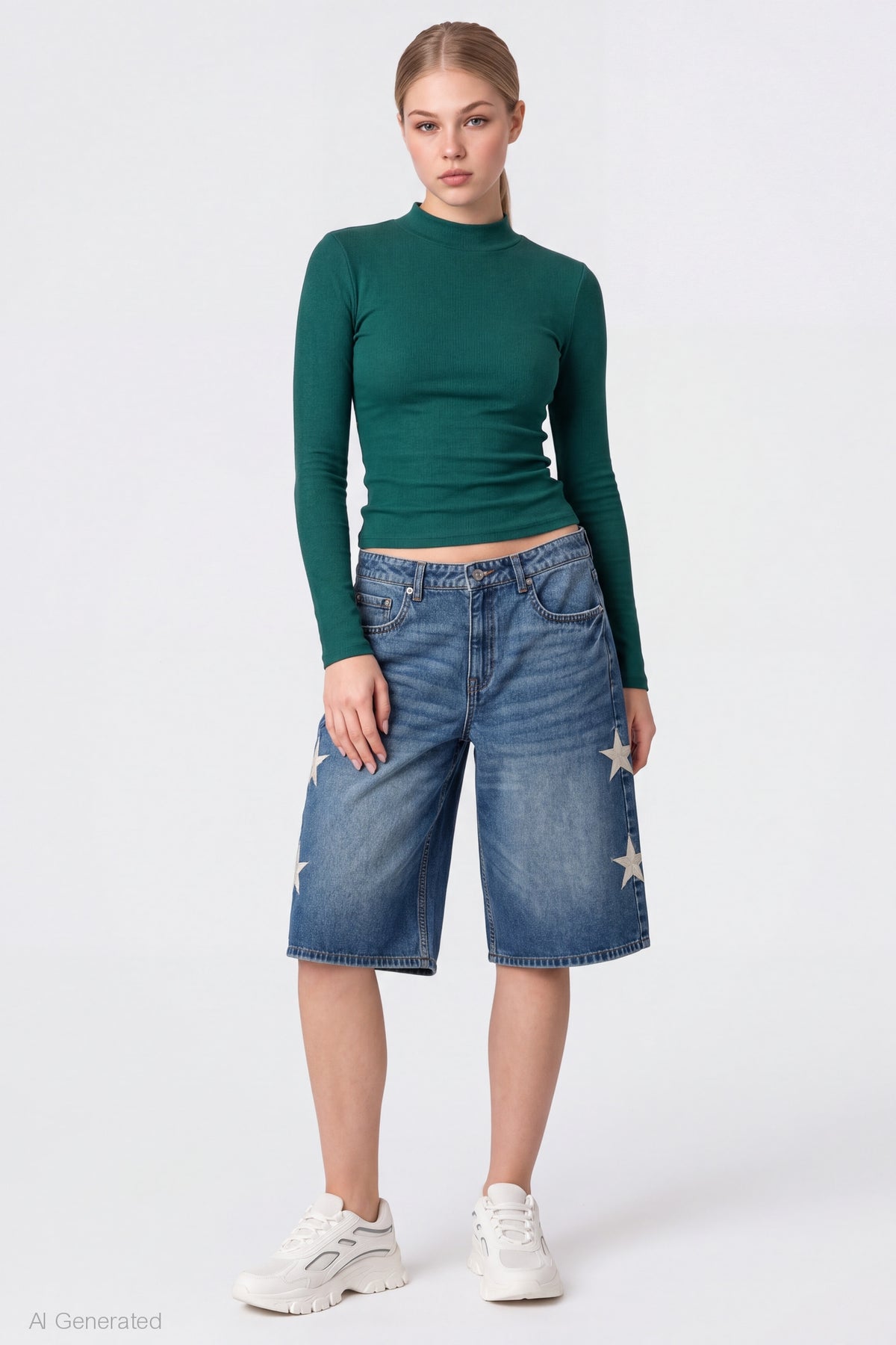 London Star Embroidered Low Rise Baggy Jort - Medium Blue