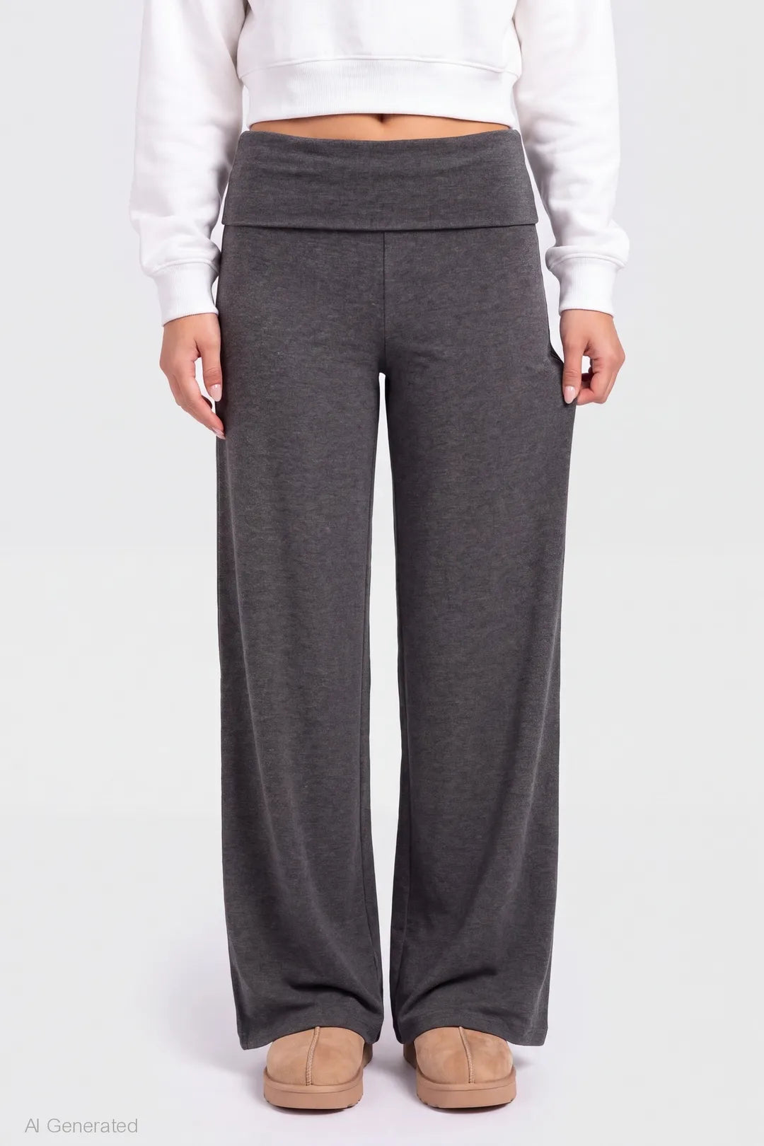 Alt View 3. Foldover Waist Wide Leg Pant - Charcoal