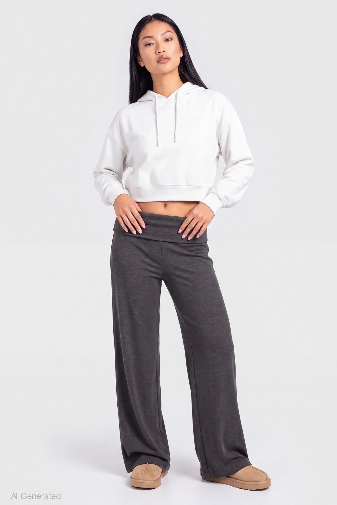 Foldover Waist Wide Leg Pant - Charcoal