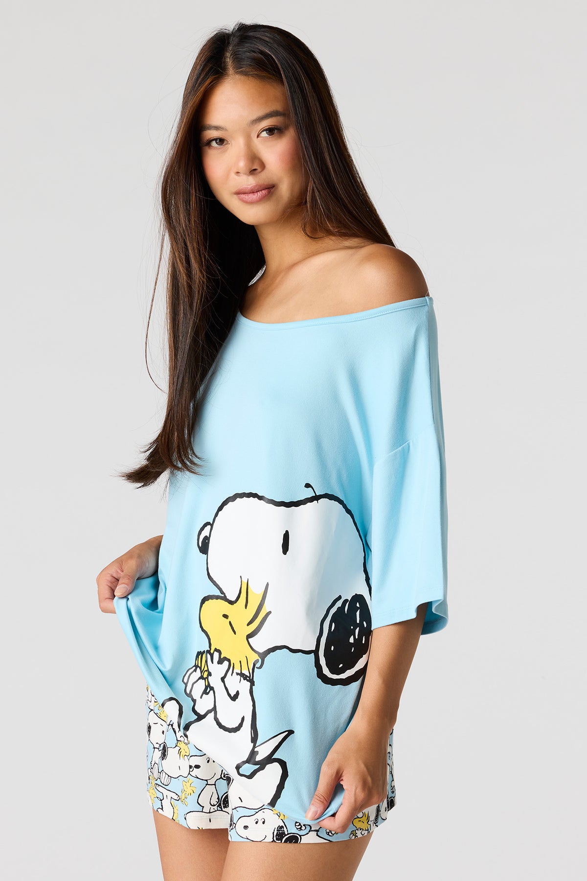 Alt View 4. Peanuts Snoopy Off Shoulder Top & Short Pajama Set - Light Blue