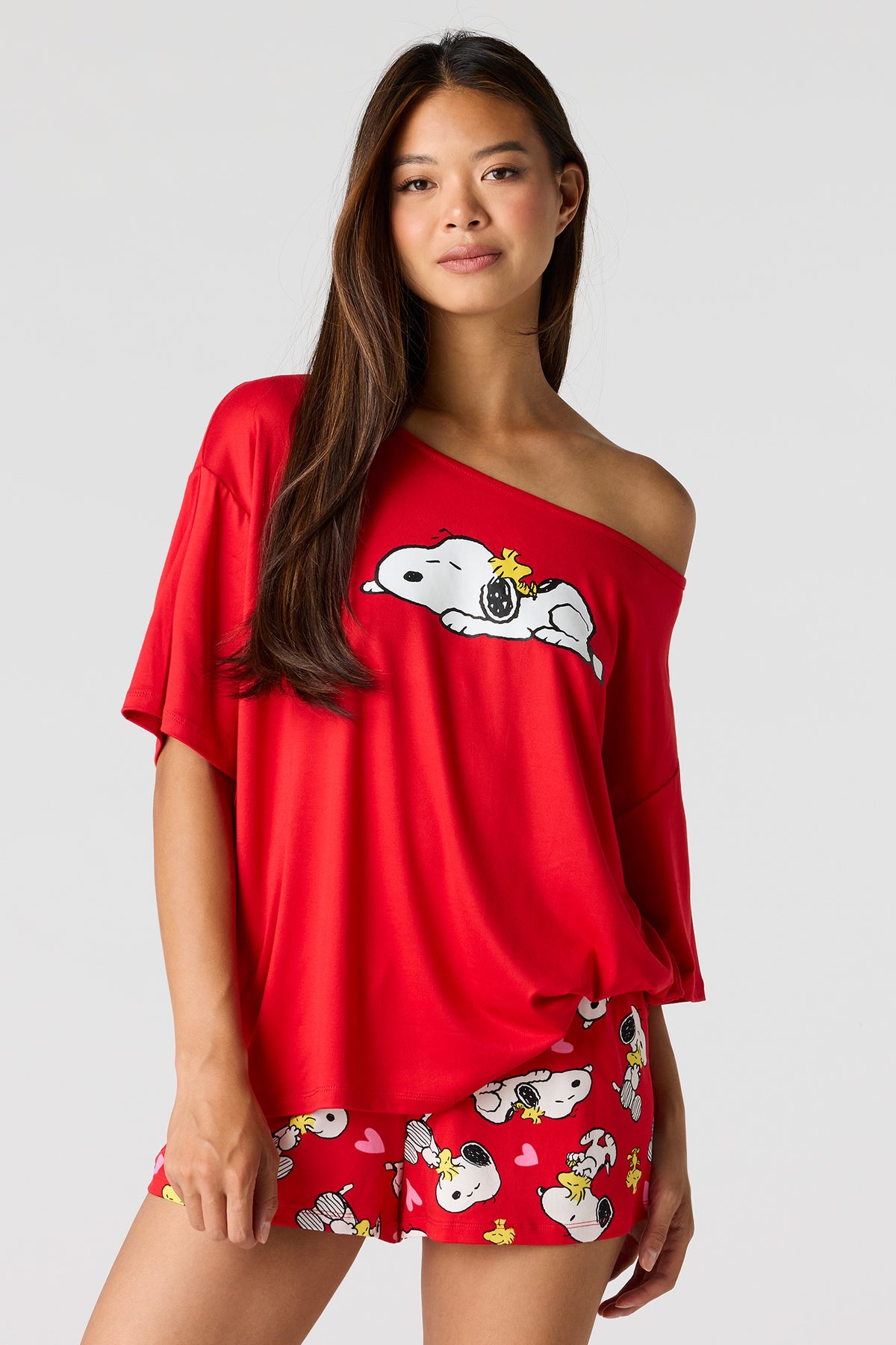 Peanuts Snoopy Off Shoulder Top & Short Pajama Set - Dark Red