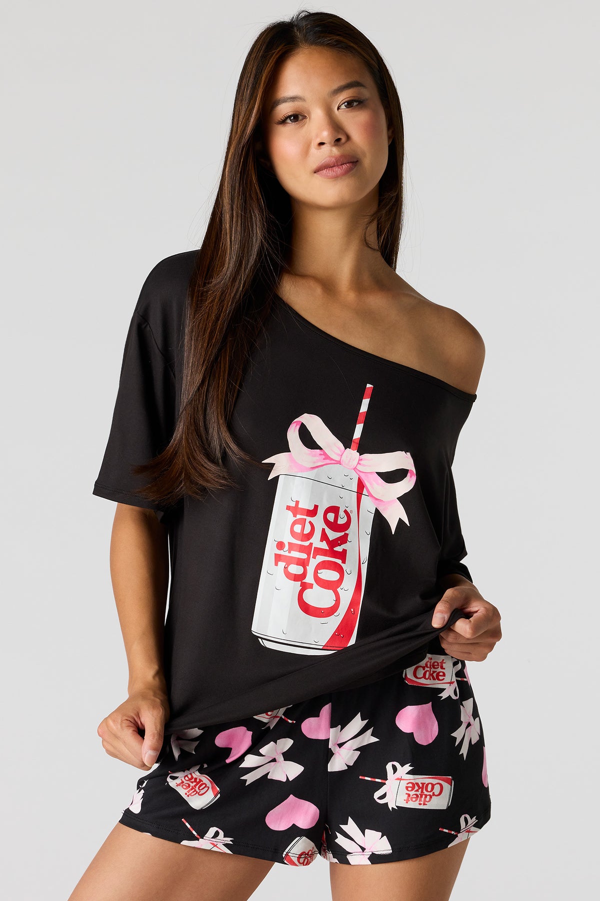 Diet Coke Off Shoulder Top & Short Pajama Set - Black