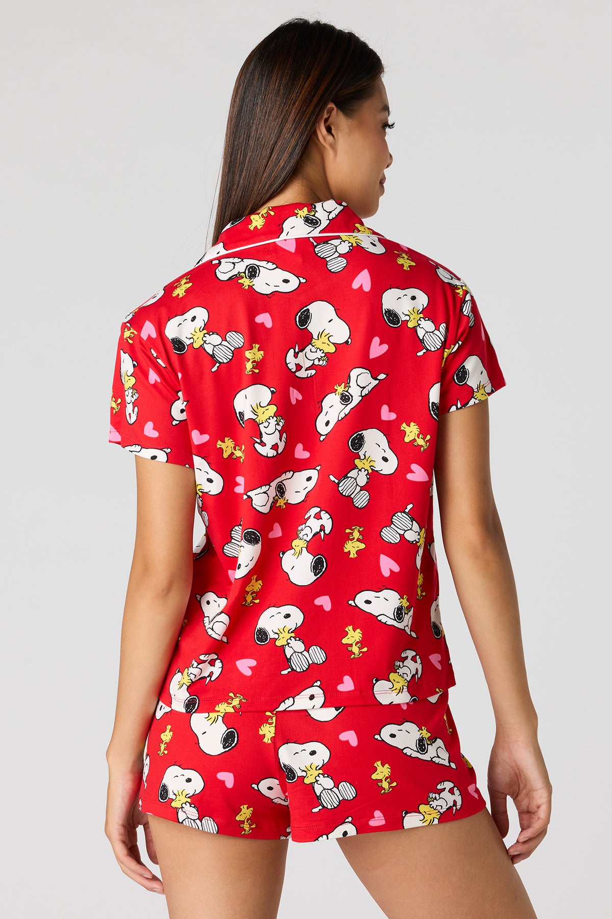 Alt View 2. Peanuts Snoopy Button Up Top & Short Pajama Set - Red