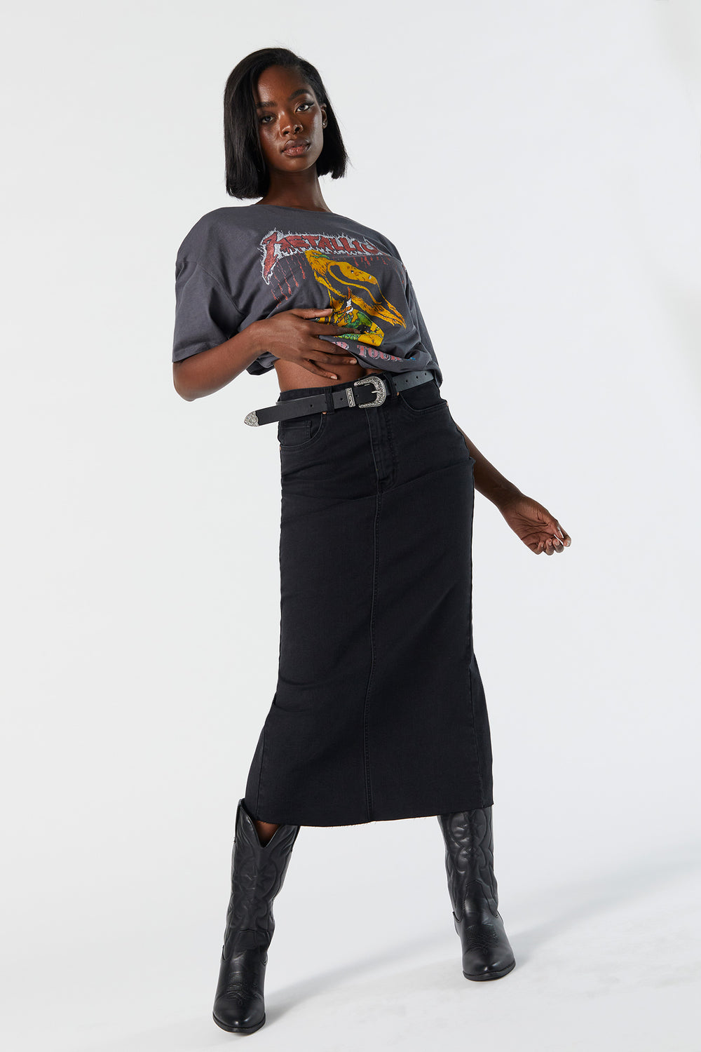 Black Wash Denim Midi Skirt Black Wash Denim Midi Skirt 1