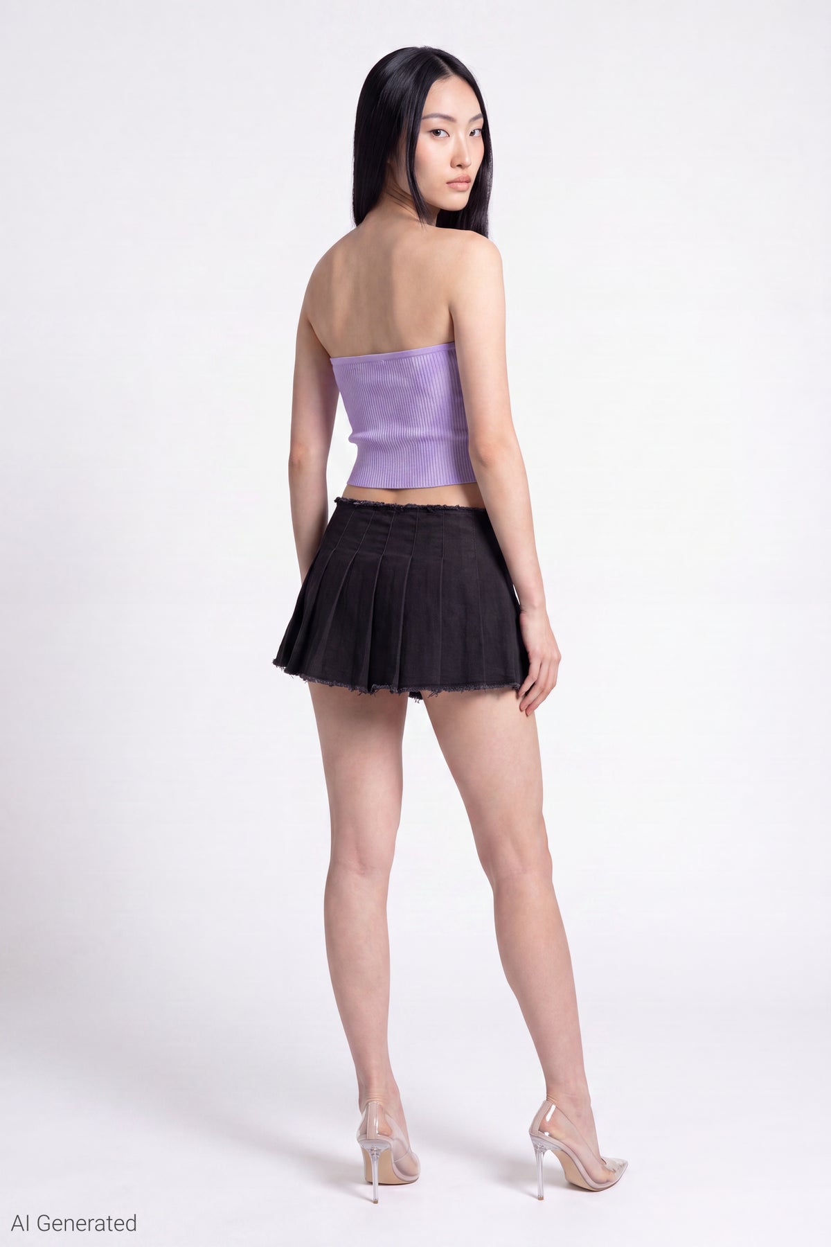 Alt View 2. Stretch Denim Low Rise Pleated Mini Skort - Black