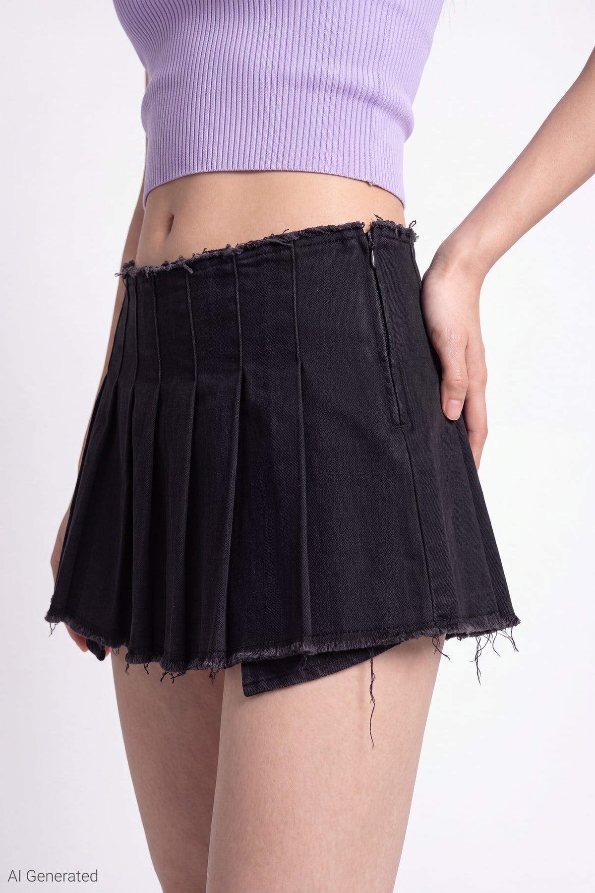 Alt View 3. Stretch Denim Low Rise Pleated Mini Skort - Black