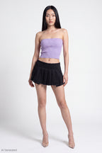 Stretch Denim Low Rise Pleated Mini Skort