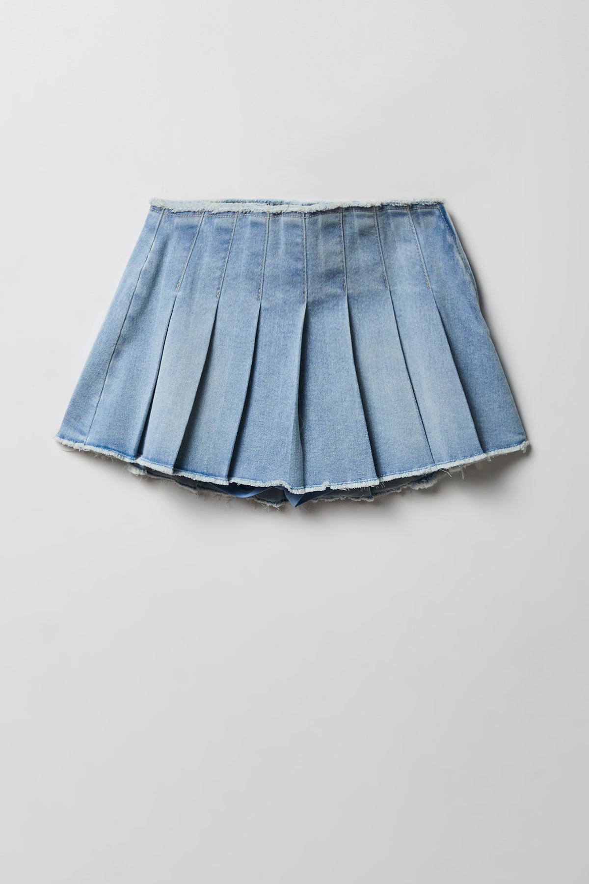 Stretch Denim Low Rise Pleated Mini Skort - Light Denim Blue