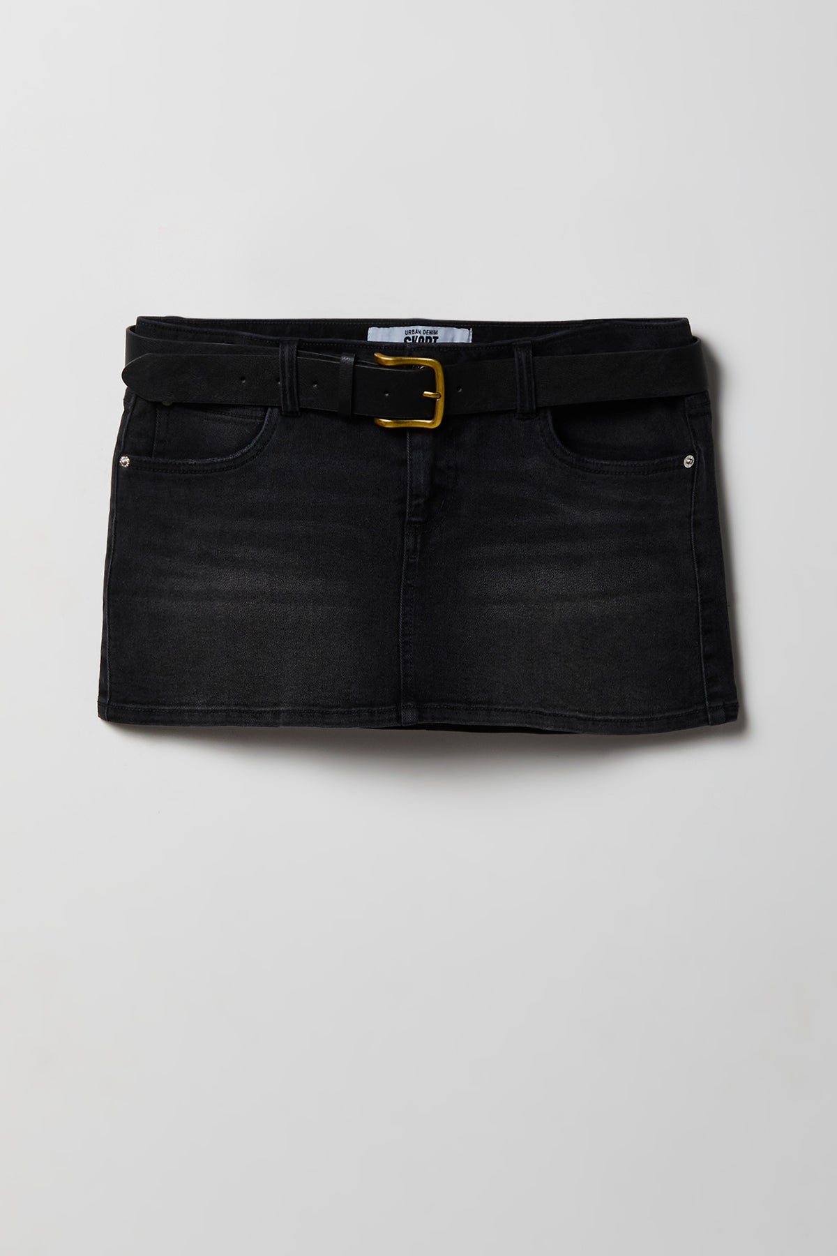 Stretch Denim Belted Mini Skort - Black