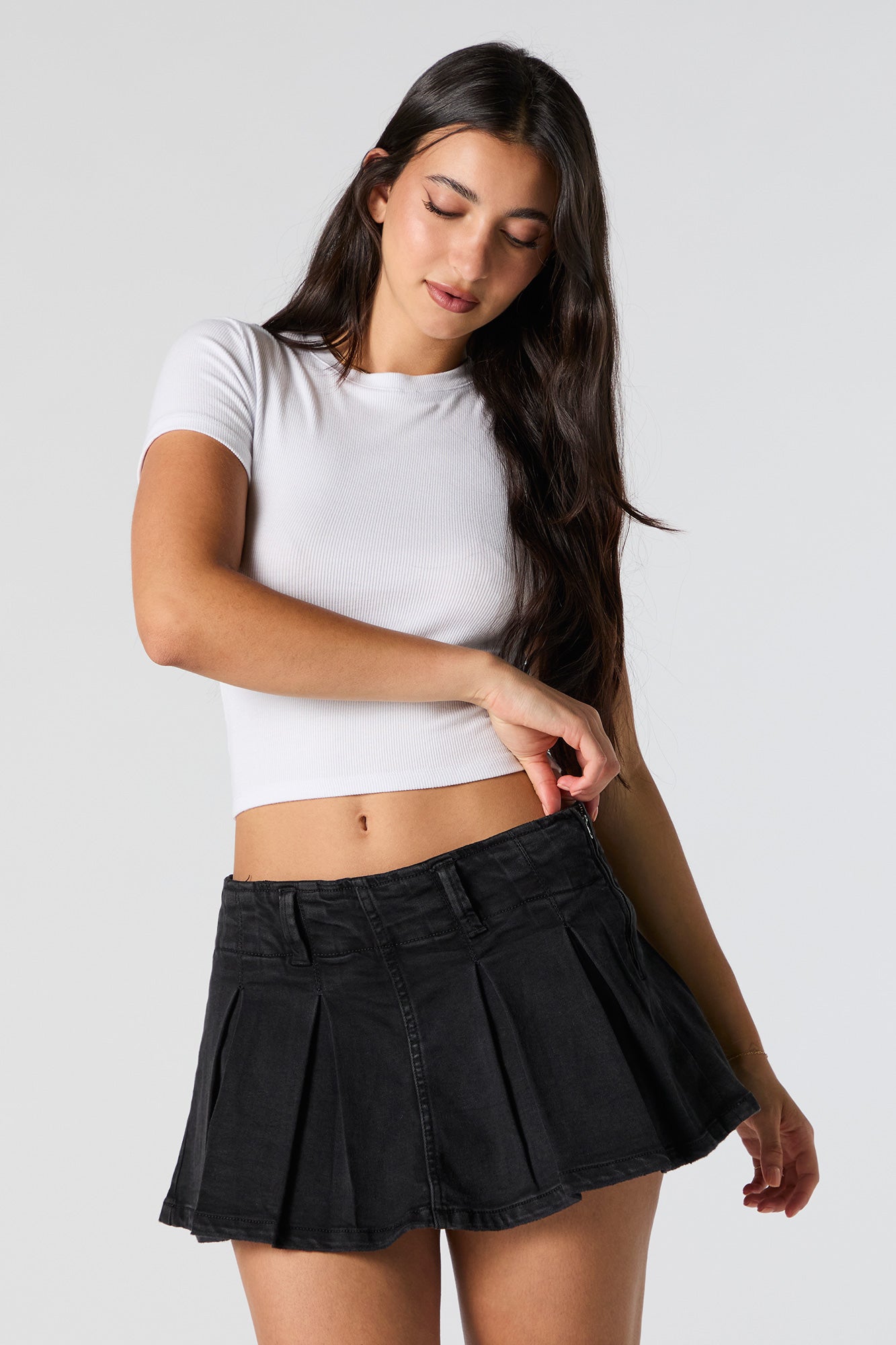 Denim Pleated Micro Mini Skort