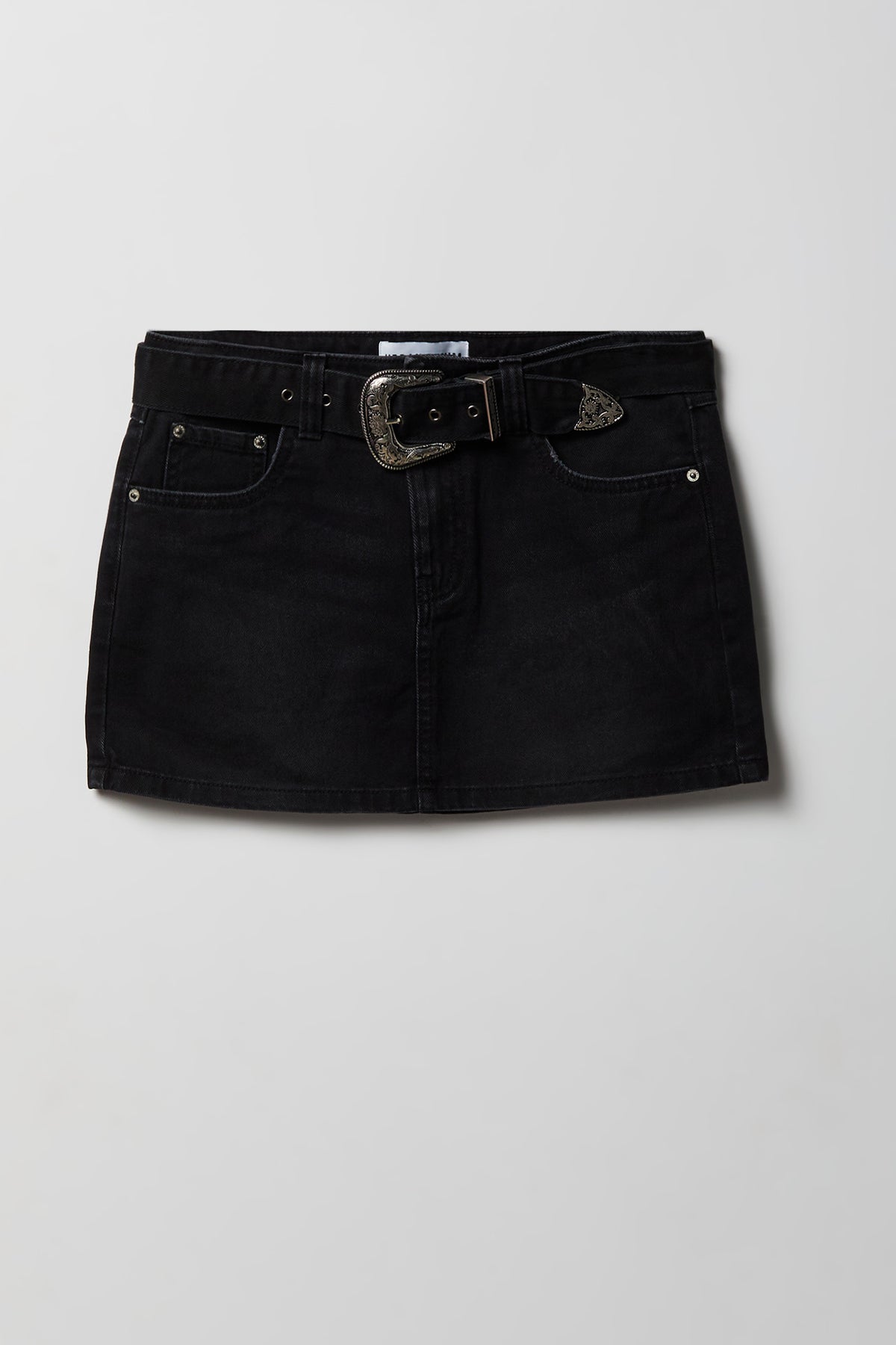 Alt View 4. Denim Belted Mini Skirt - Black