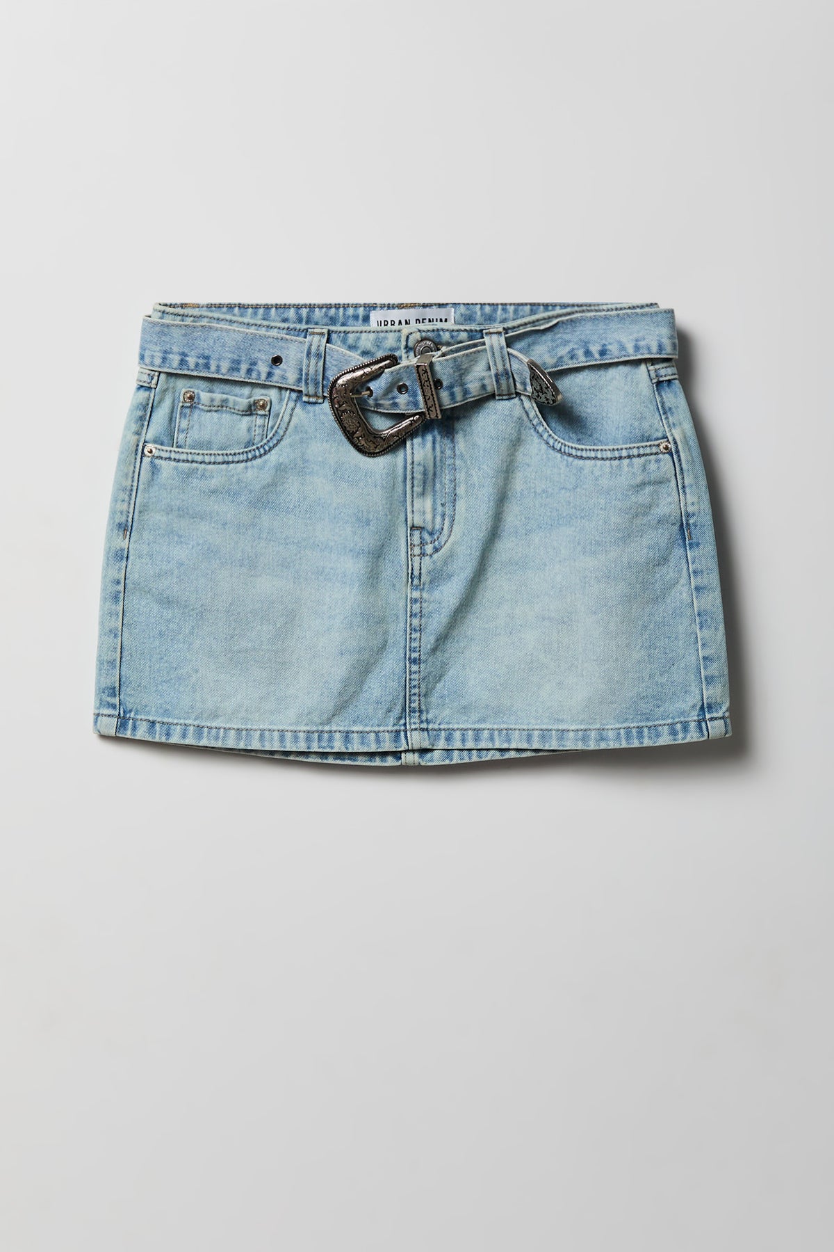 Alt View 4. Denim Belted Mini Skirt - Light Denim Blue