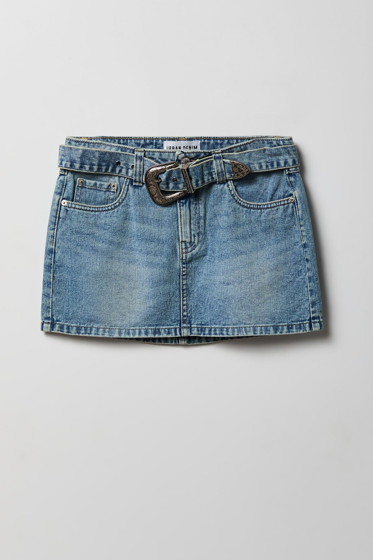 Alt View 4. Denim Belted Mini Skirt - Medium Blue