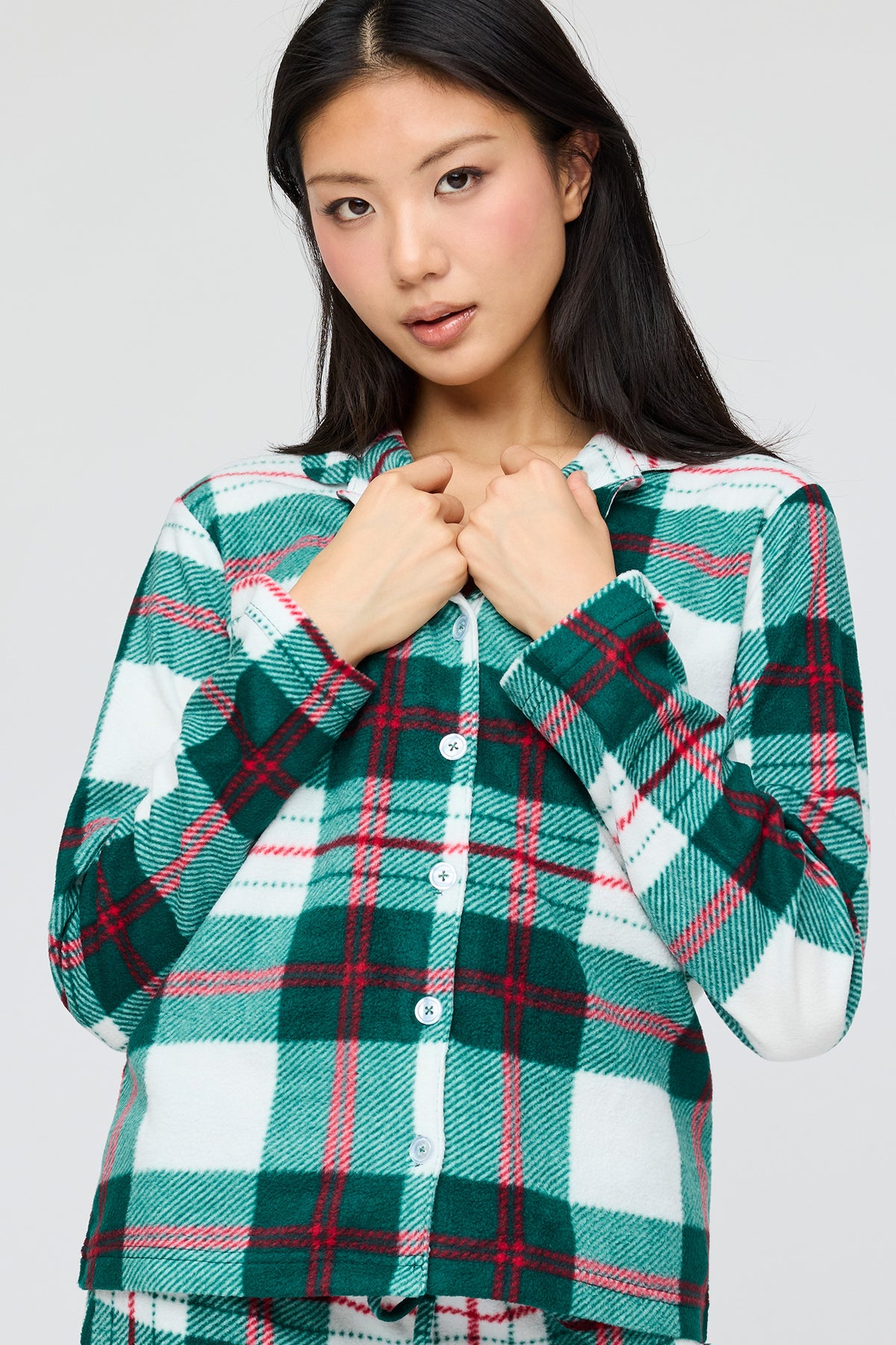 Alt View 2. Plush Button-Up Top & Pant Pajama Set - Hunter Green