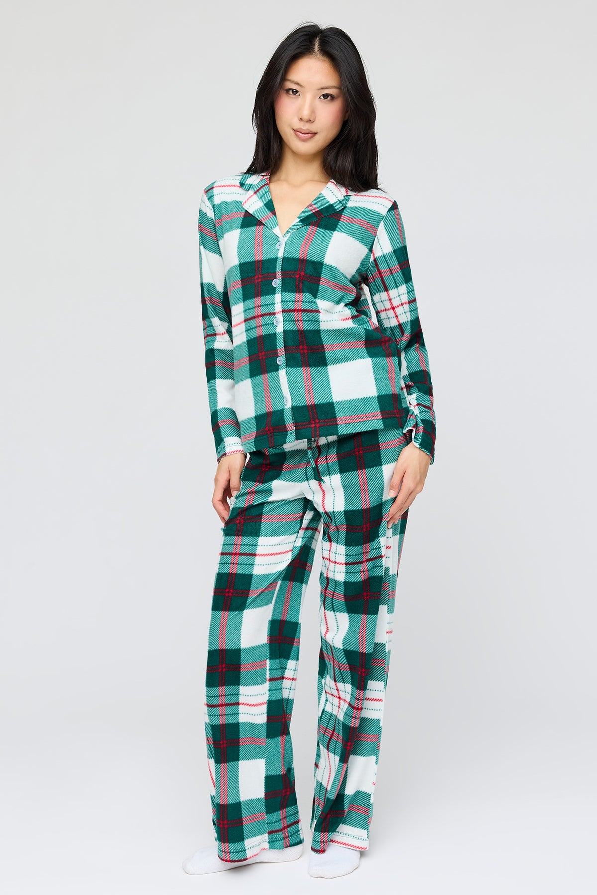 Plush Button-Up Top & Pant Pajama Set - Hunter Green