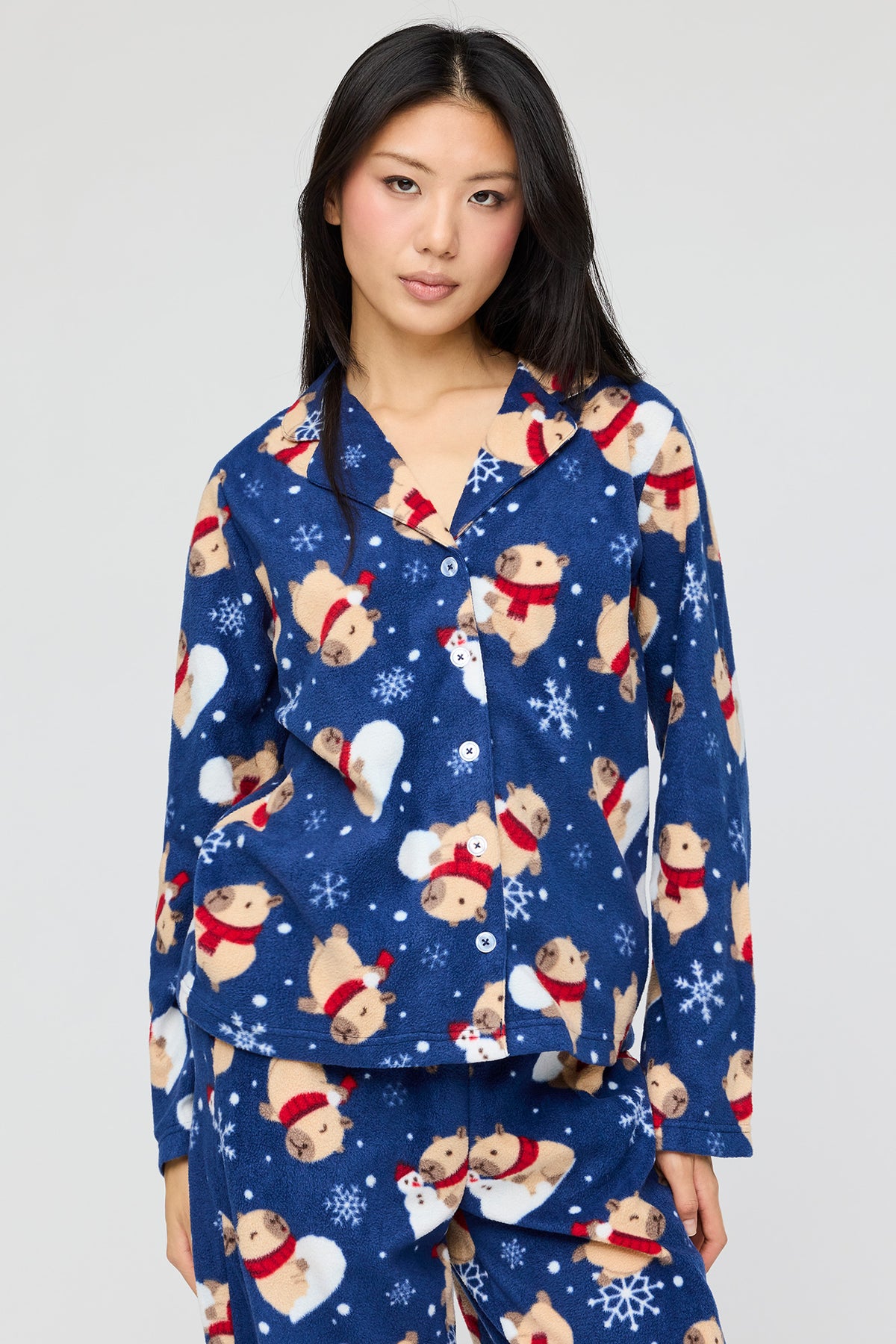 Alt View 2. Plush Button-Up Top & Pant Pajama Set - Navy