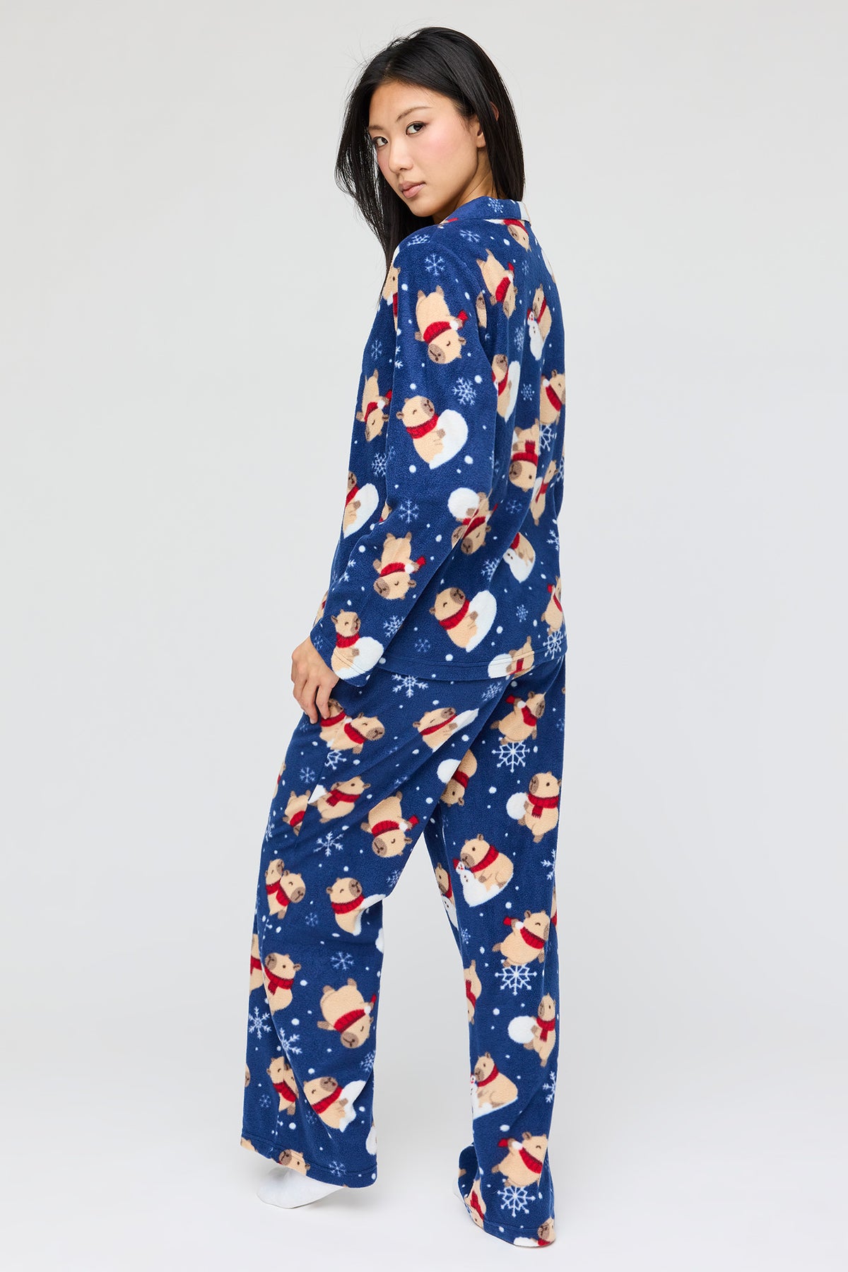 Alt View 4. Plush Button-Up Top & Pant Pajama Set - Navy