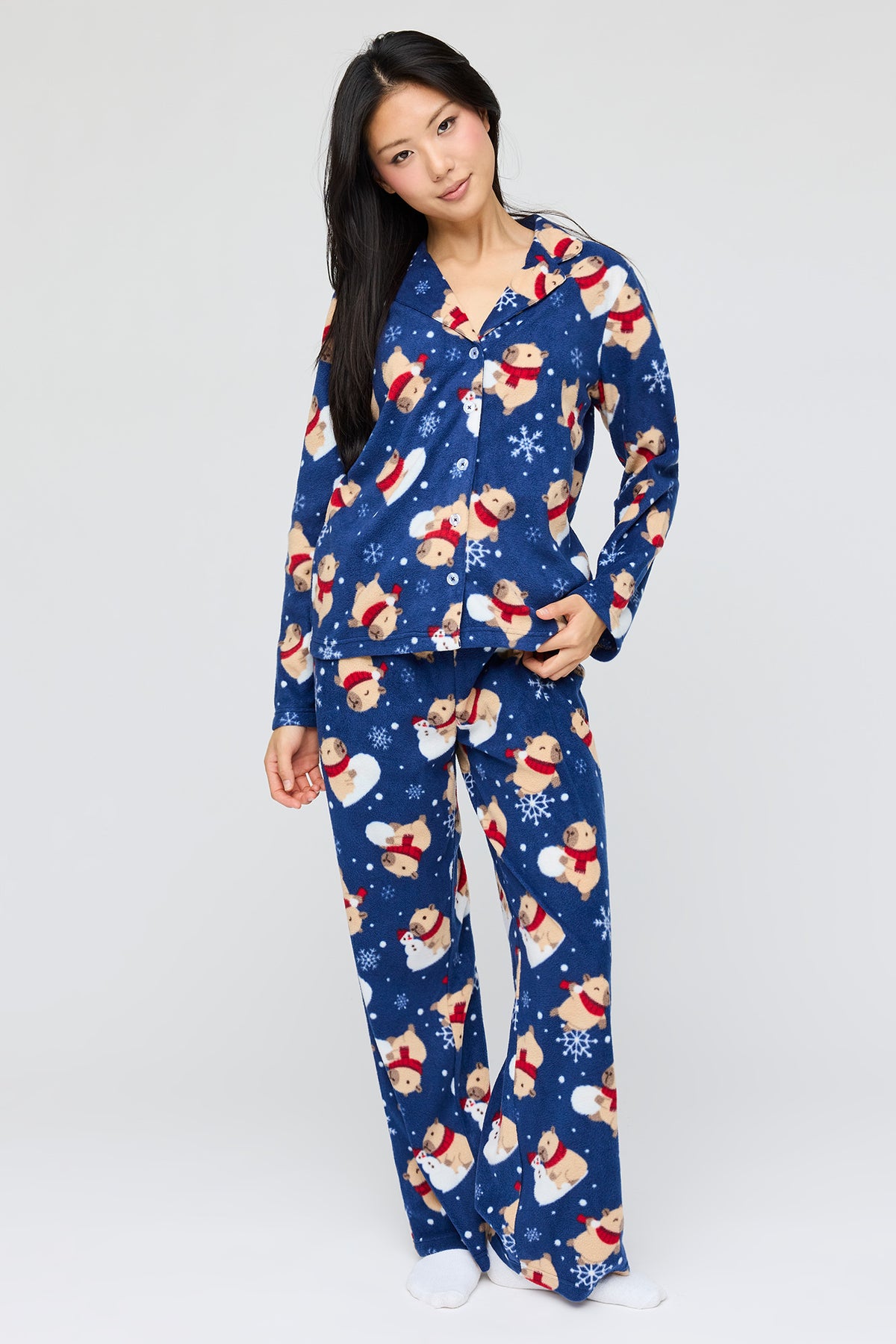 Plush Button-Up Top & Pant Pajama Set - Navy