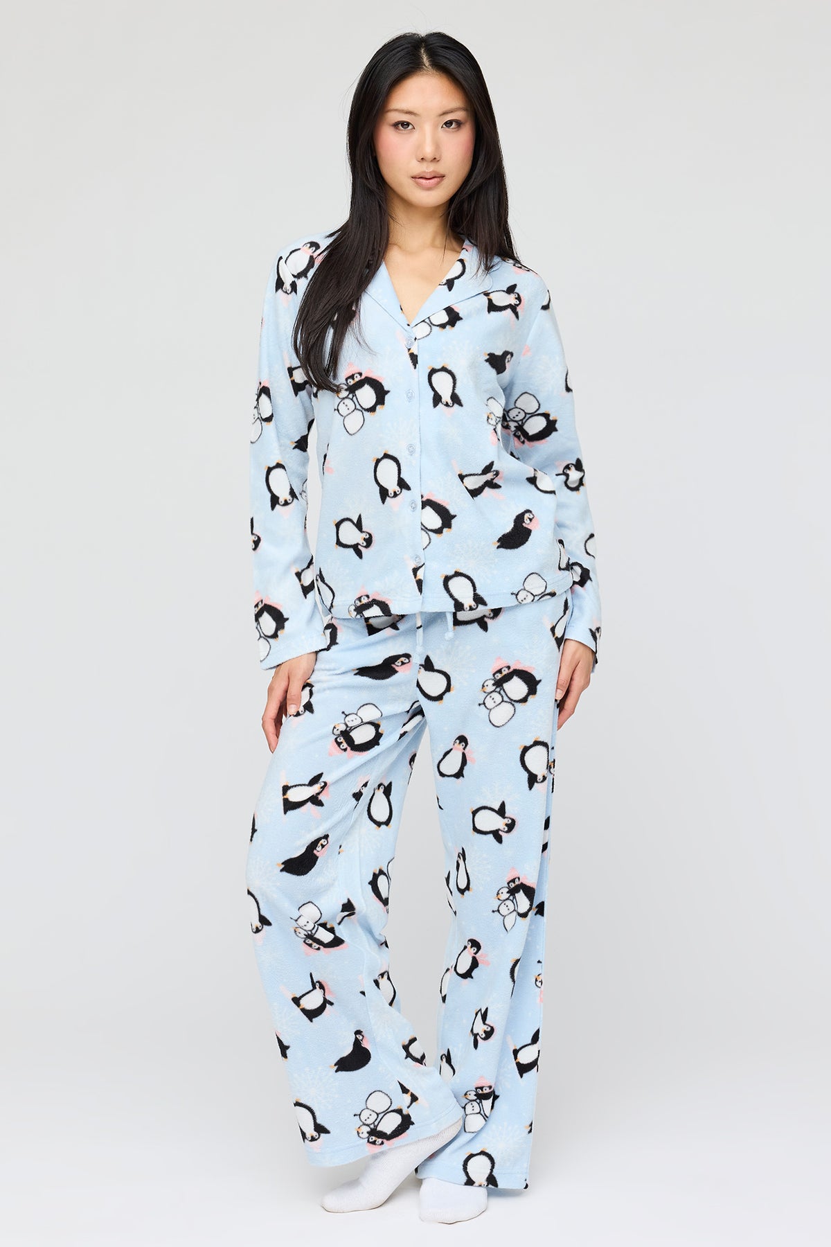Plush Button-Up Top & Pant Pajama Set - Light Blue