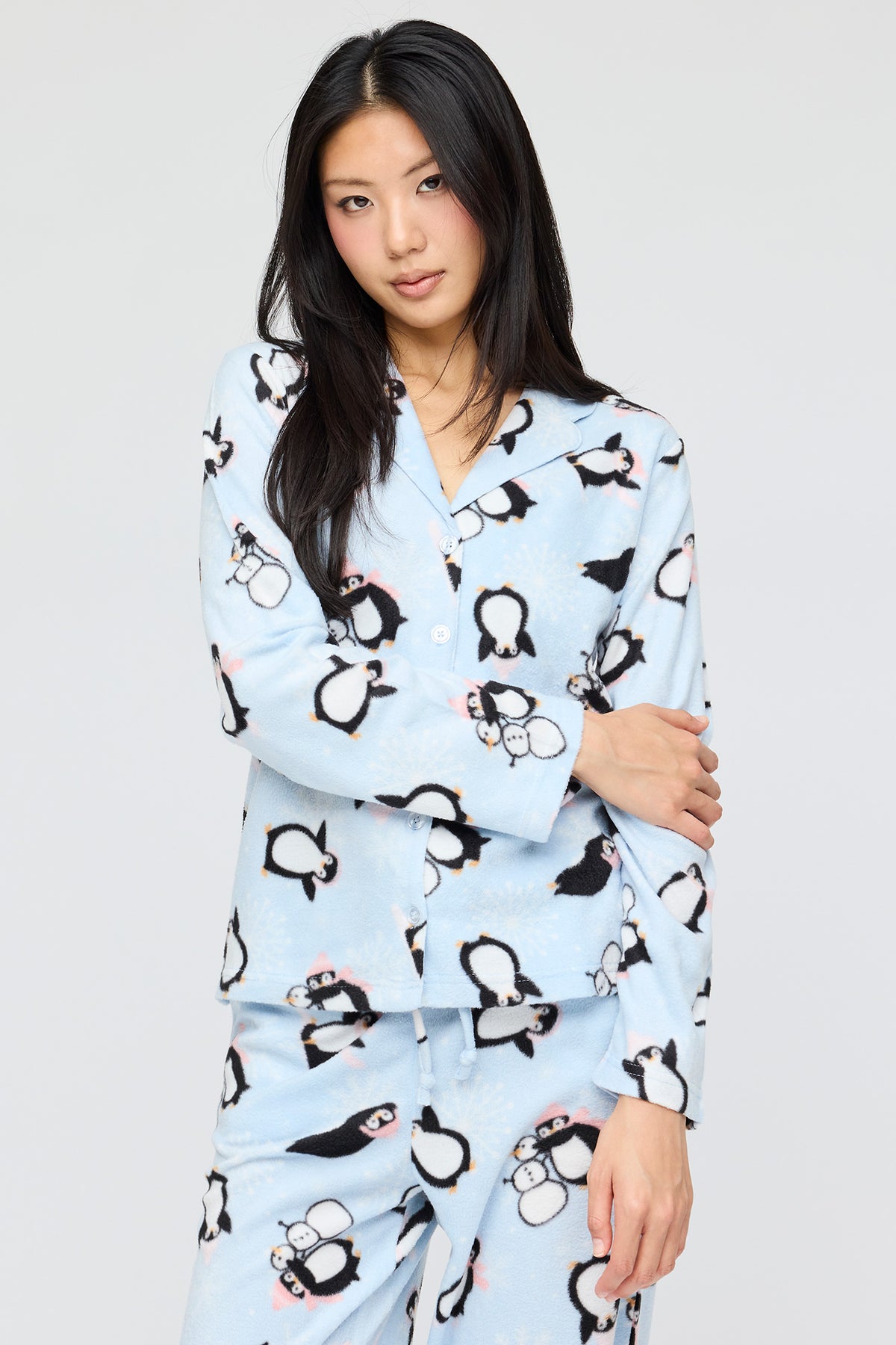 Alt View 2. Plush Button-Up Top & Pant Pajama Set - Light Blue
