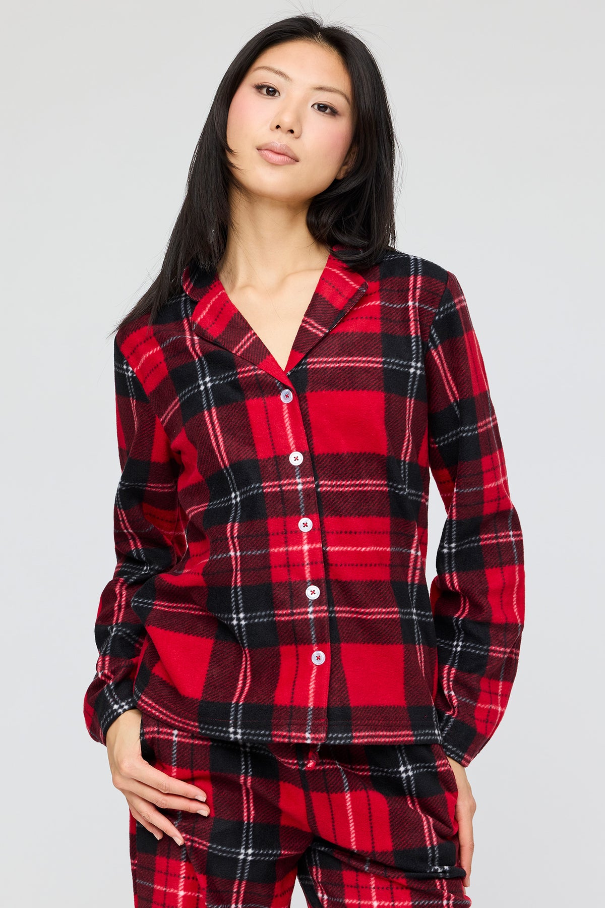 Alt View 2. Plush Button-Up Top & Pant Pajama Set - Red
