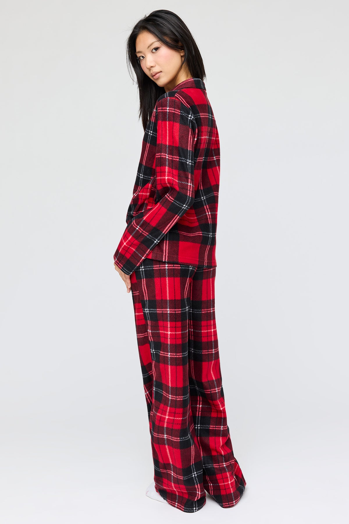 Alt View 4. Plush Button-Up Top & Pant Pajama Set - Red