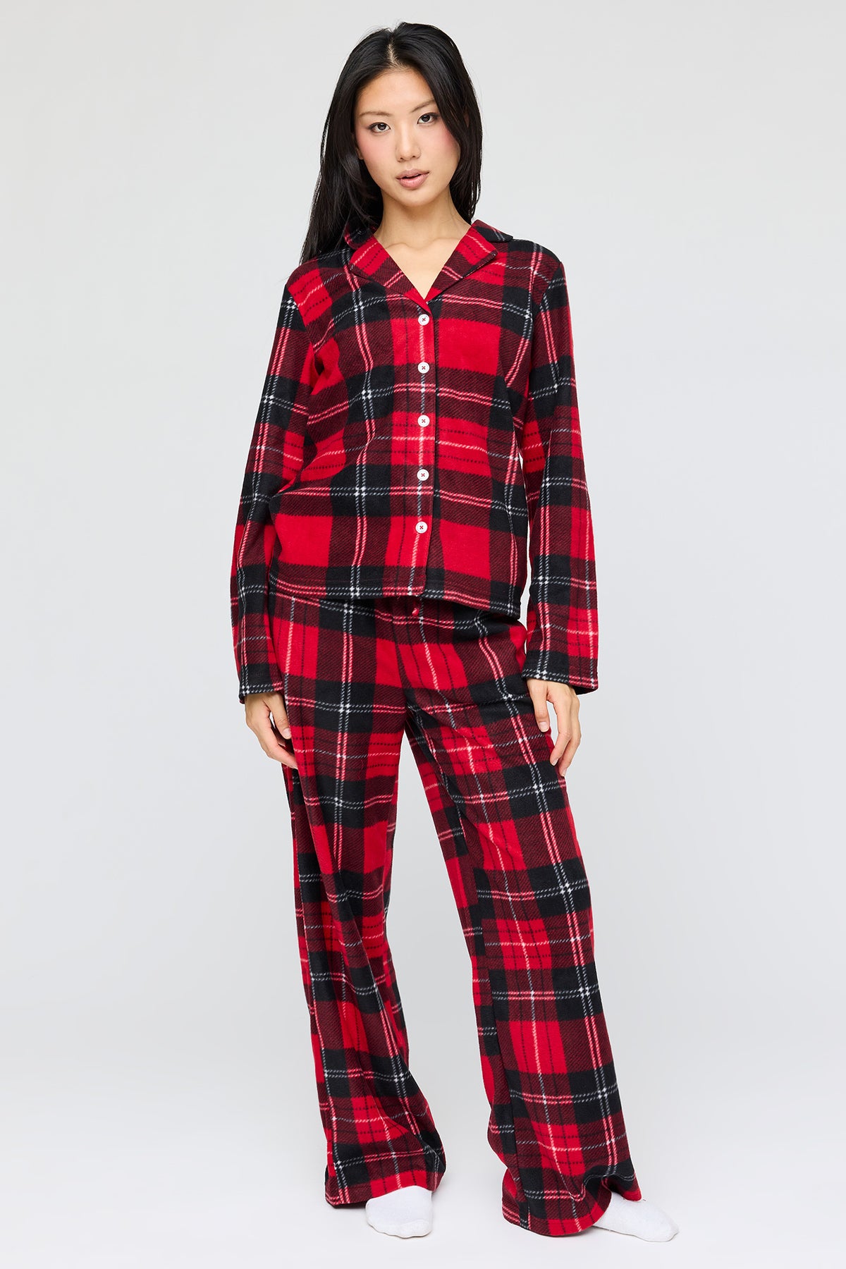 Plush Button-Up Top & Pant Pajama Set - Red