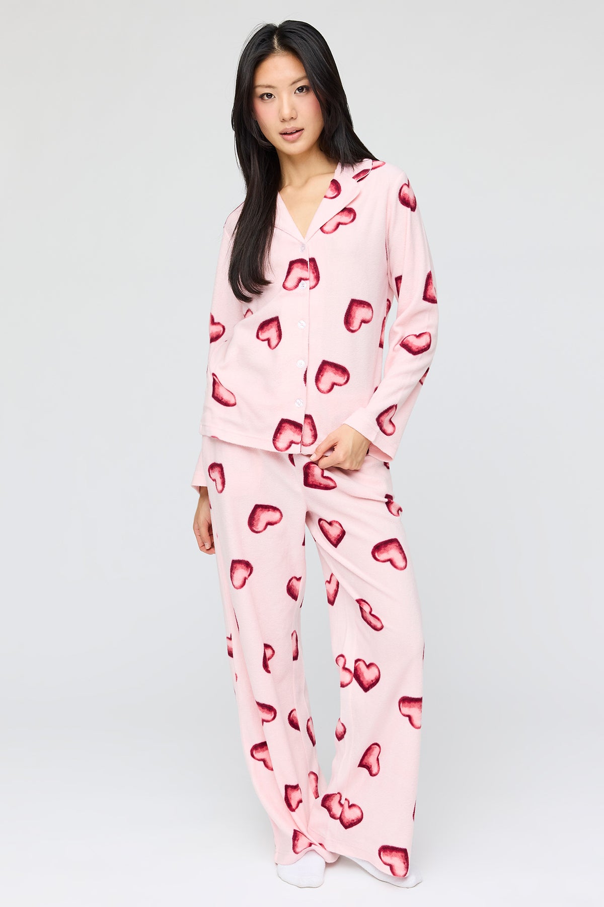 Plush Button-Up Top & Pant Pajama Set - Pink